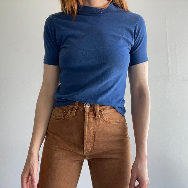 1970s Fitted (slight mock neck) Blank Navy T-Shirt - Great Cut!