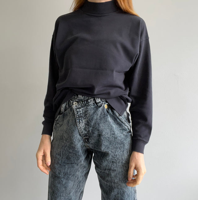 1990s Faded Blank Black Mock Neck Long Sleeve Jersey Knit