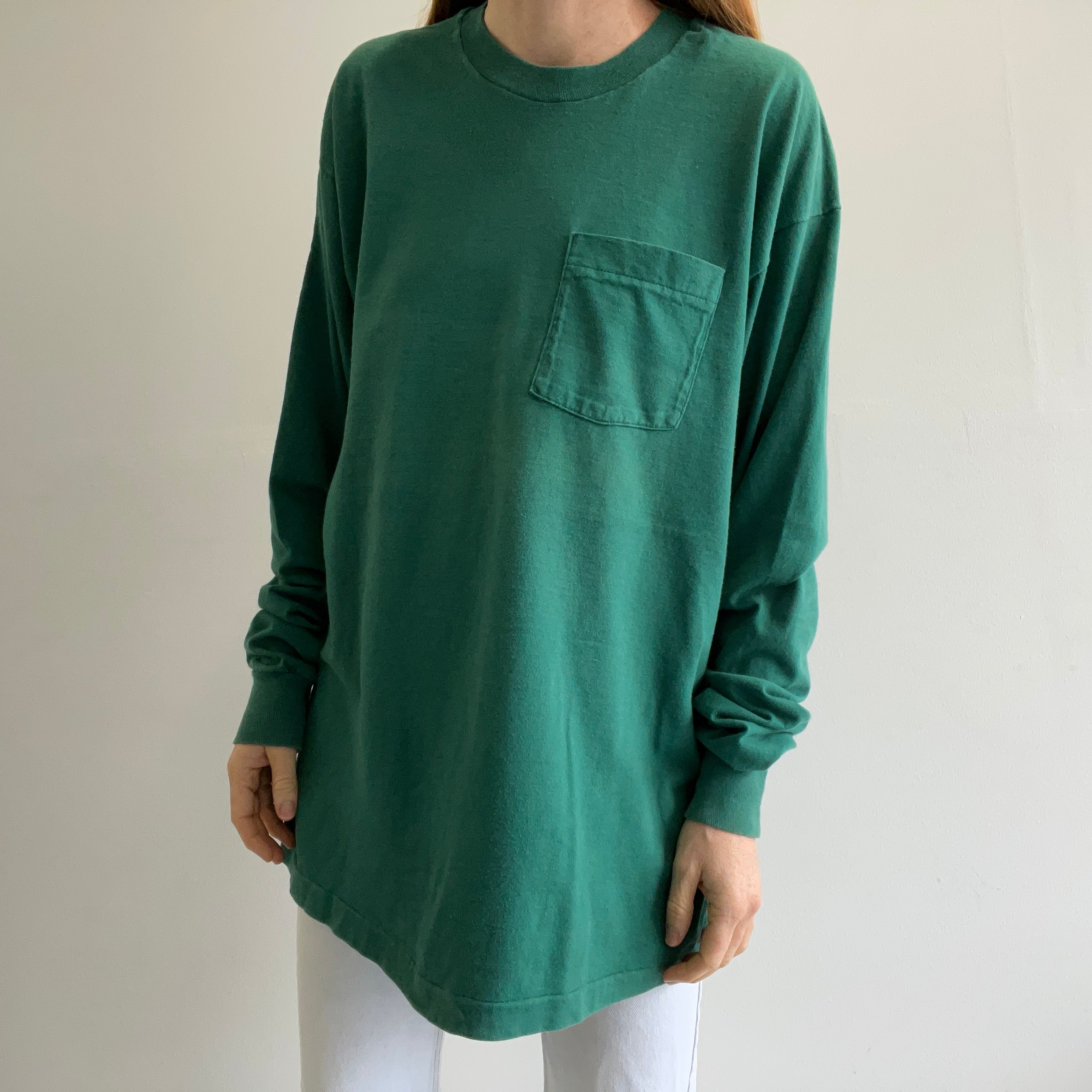 1990s XXL Dark Green Selvedge Pocket Long Sleeve T-Shirt