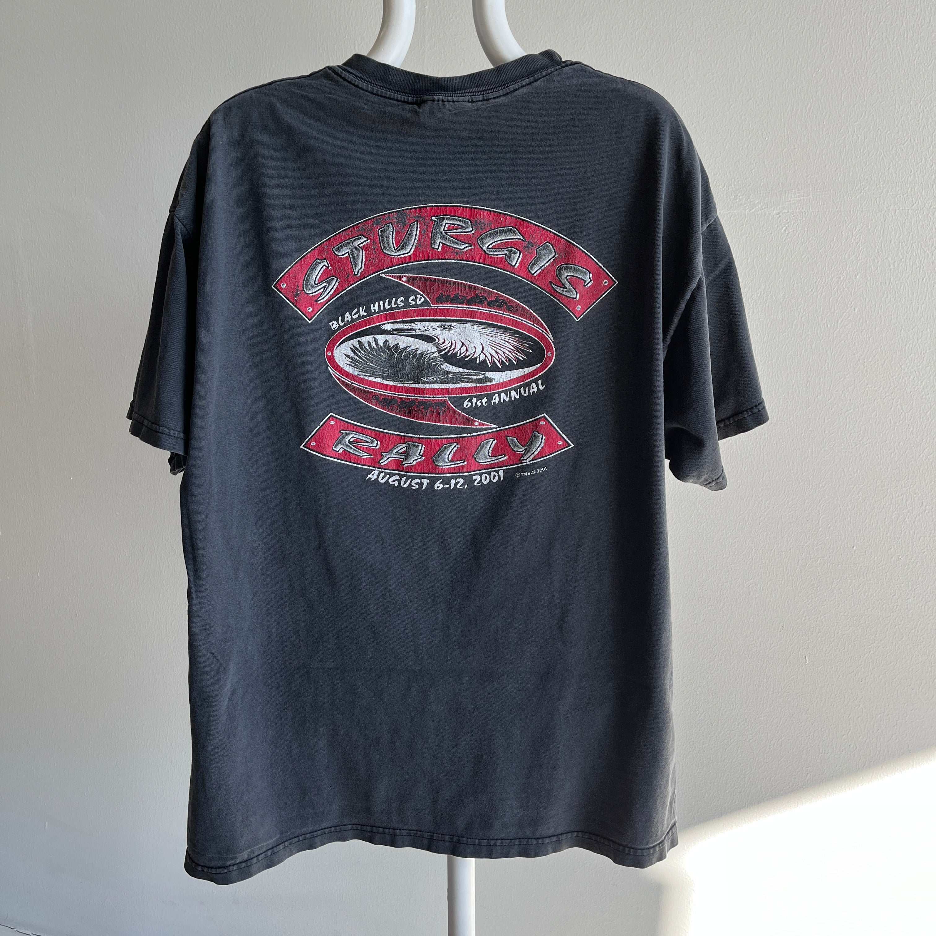 T-shirt avant et arrière Sturgis 2001 - peinture tachée et délavée