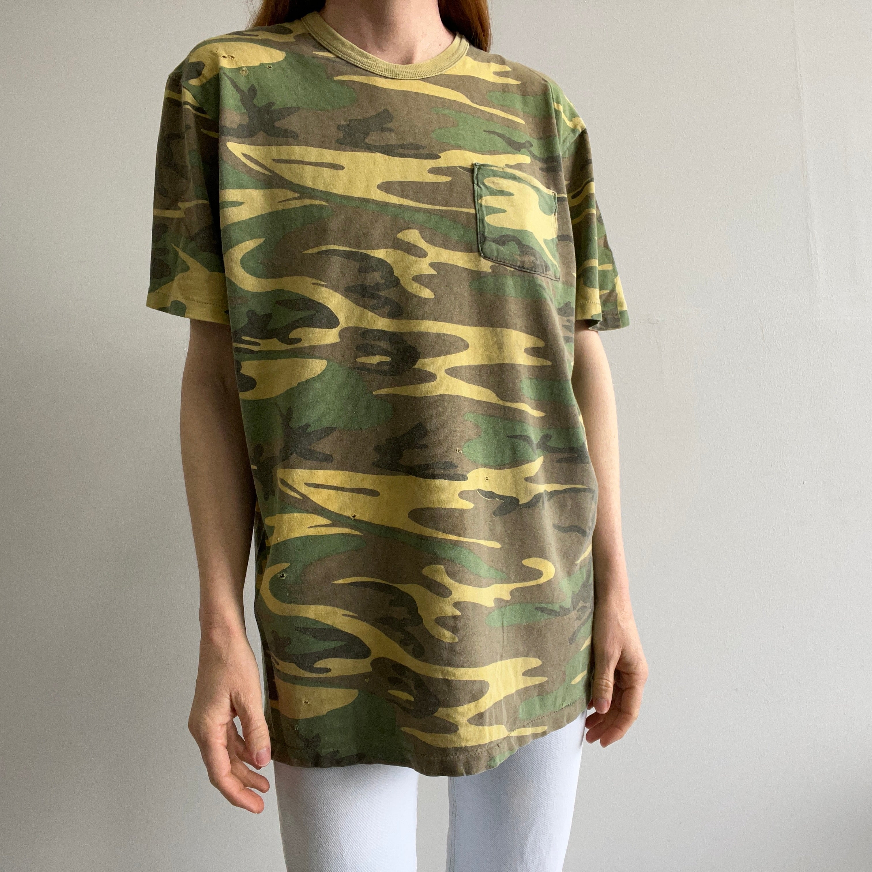 1980s Rattler's Brand Rolled Neck Epically Beat Up Cotton Camo T-Shirt