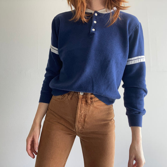 1980s Really Cool Henley Two Tone Striped Sleeve Sweatshirt