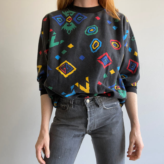 1980s Fun Print Lightweight 3/4 Sleeve Sweatshirt