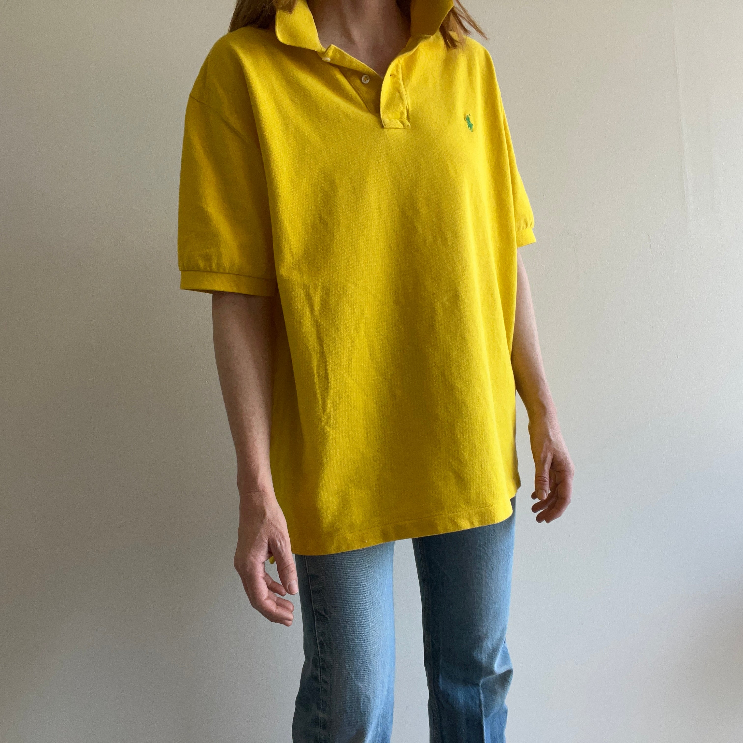 1990s Oversized Vibrant Yellow Polo T-Shirt by Ralph Lauren