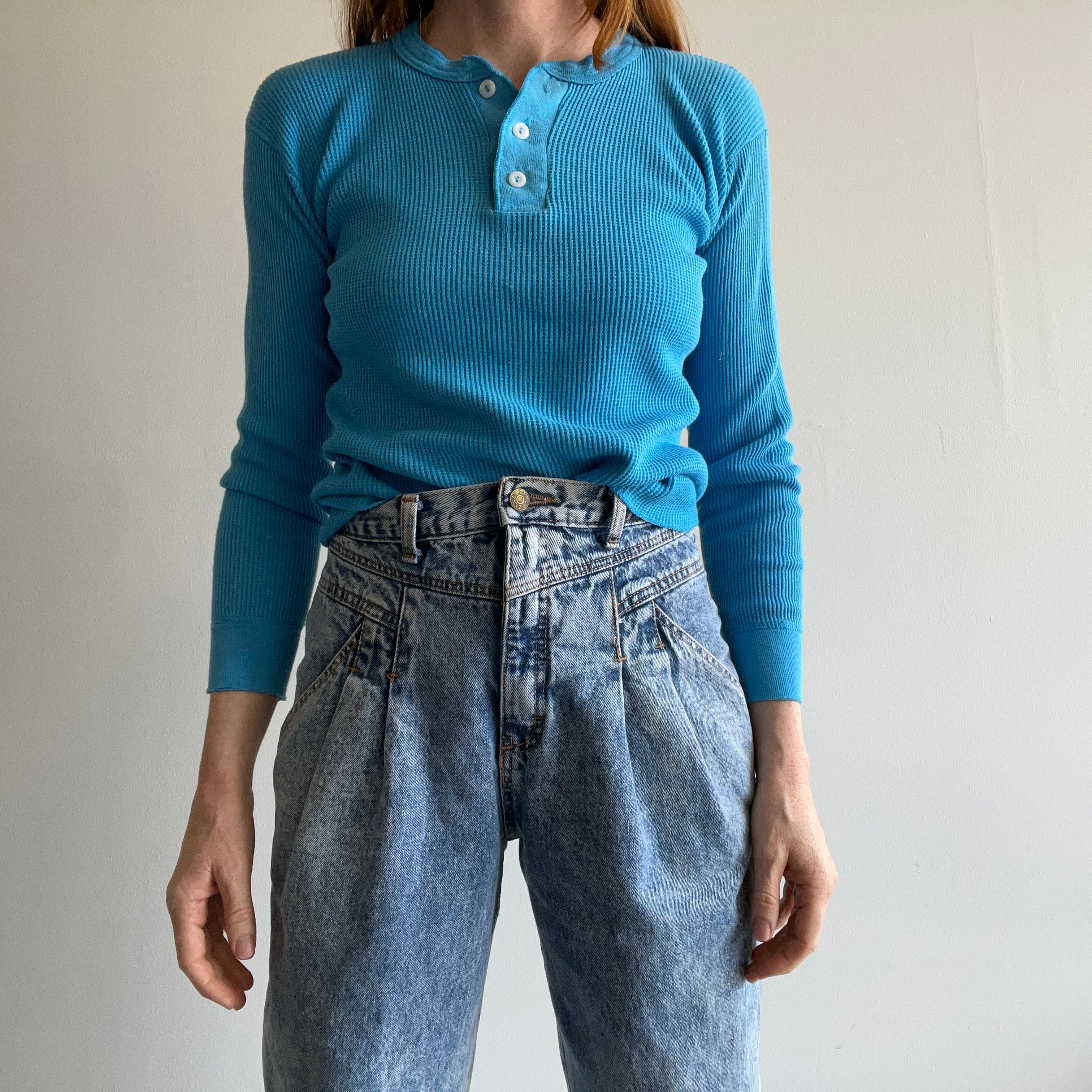 1980s Teal Thermal Waffle Knit Henley with Worn Elbows