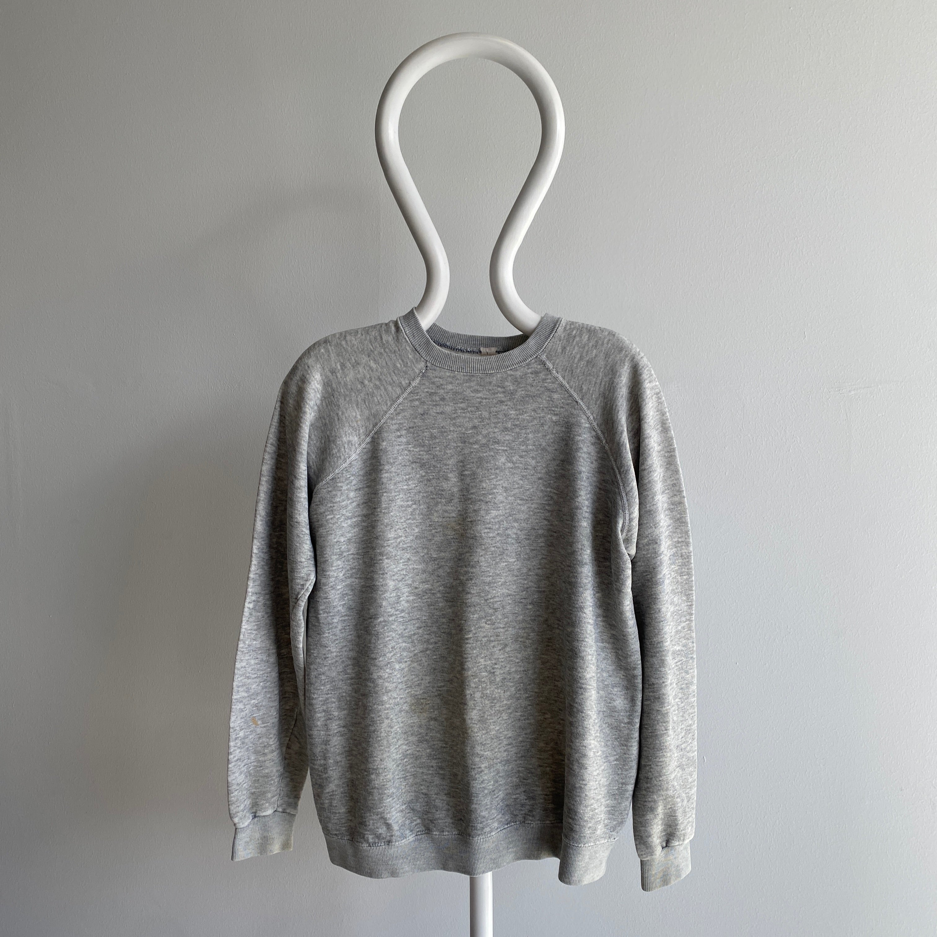1970/80s Super Thrashed Mended Paper Thin Blank Grey Sweatshirt