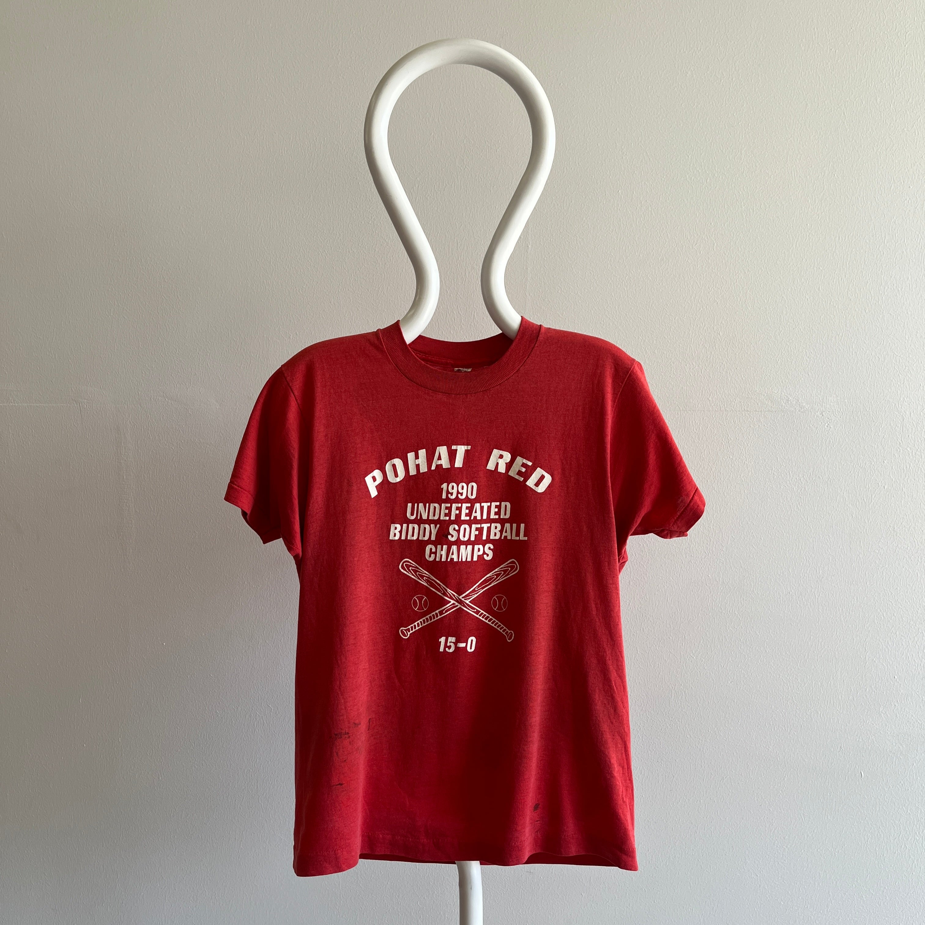 1990 Pohat Red Softball Champs Faded and Worn T-Shirt by Screen Stars