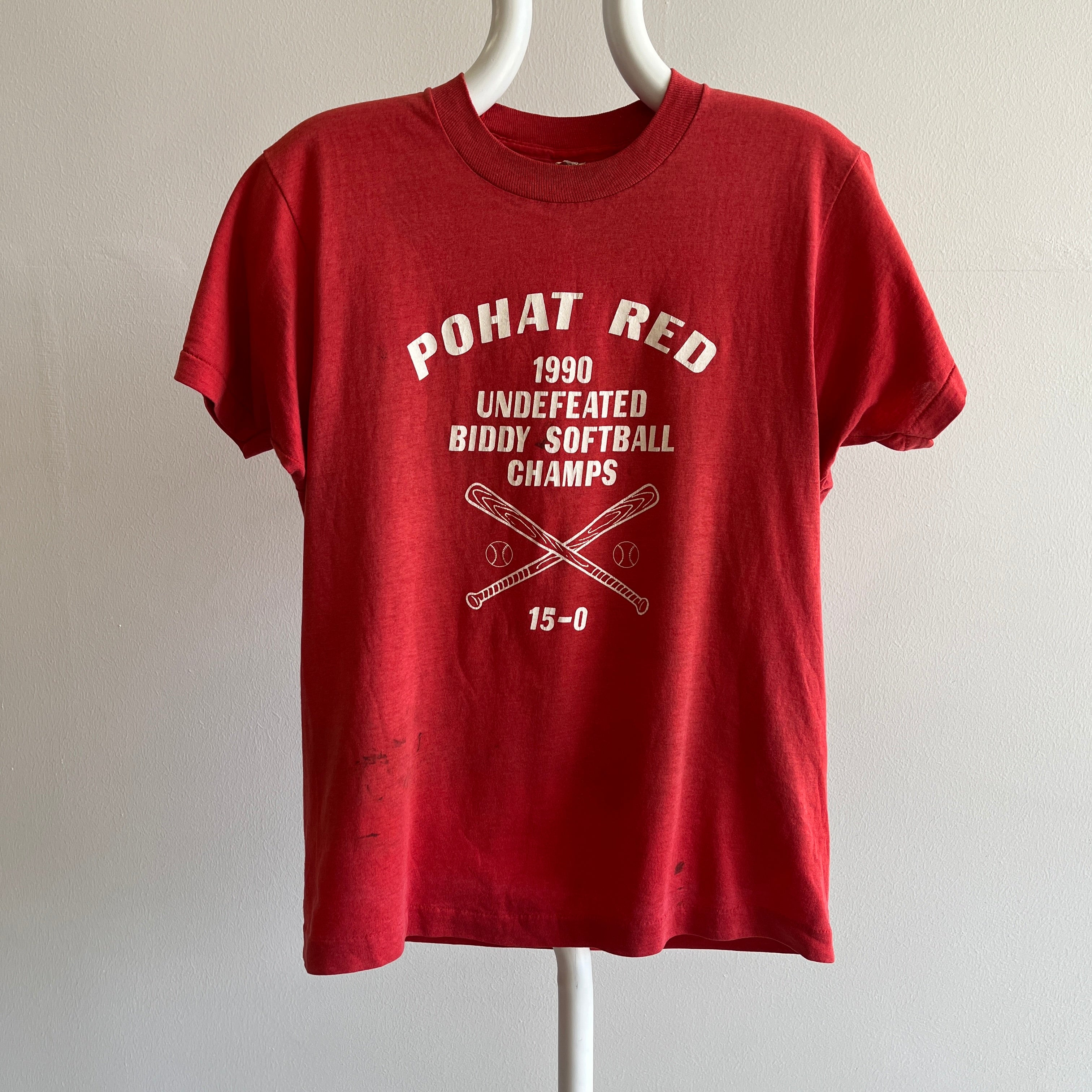 1990 Pohat Red Softball Champs T-shirt délavé et usé par Screen Stars