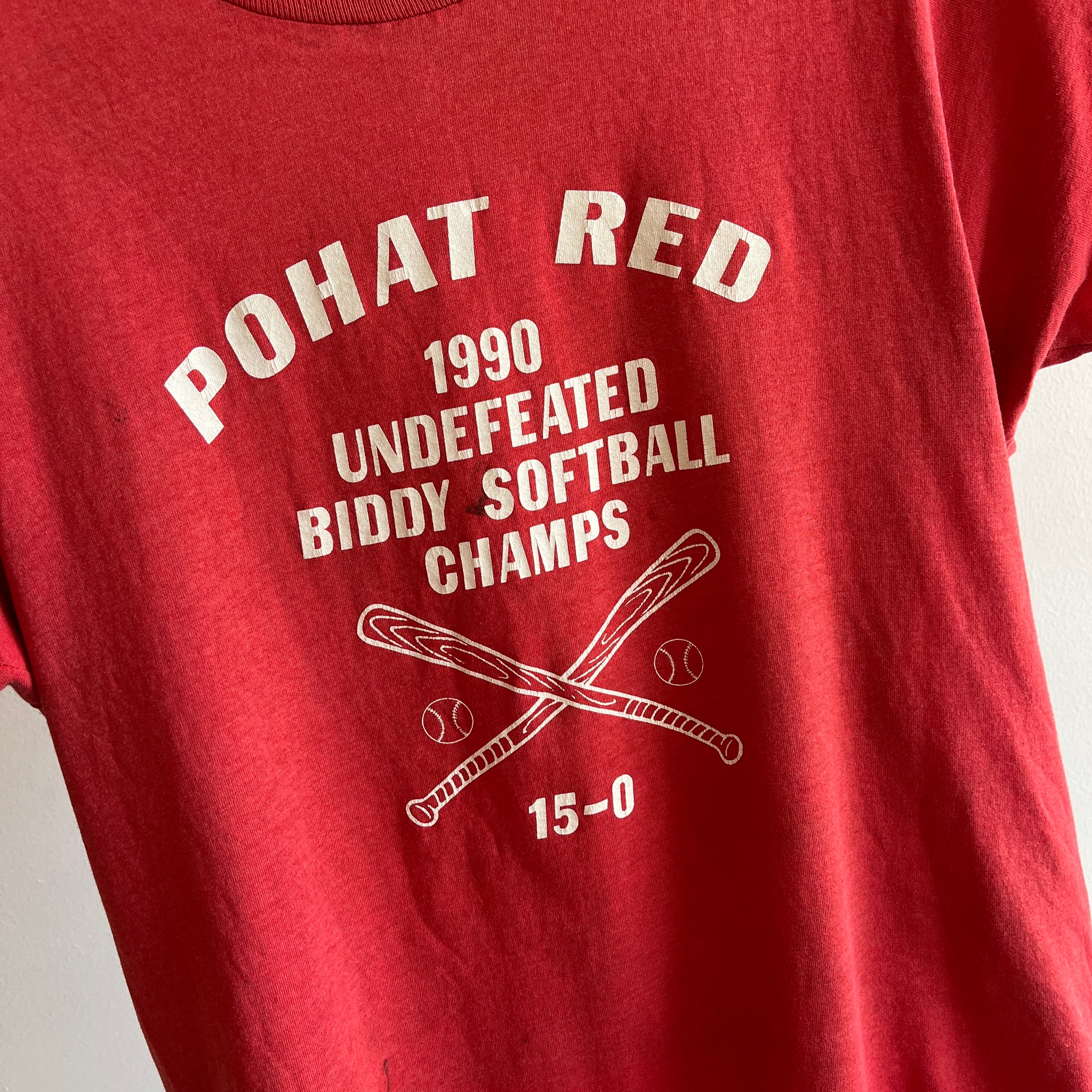 1990 Pohat Red Softball Champs Faded and Worn T-Shirt by Screen Stars