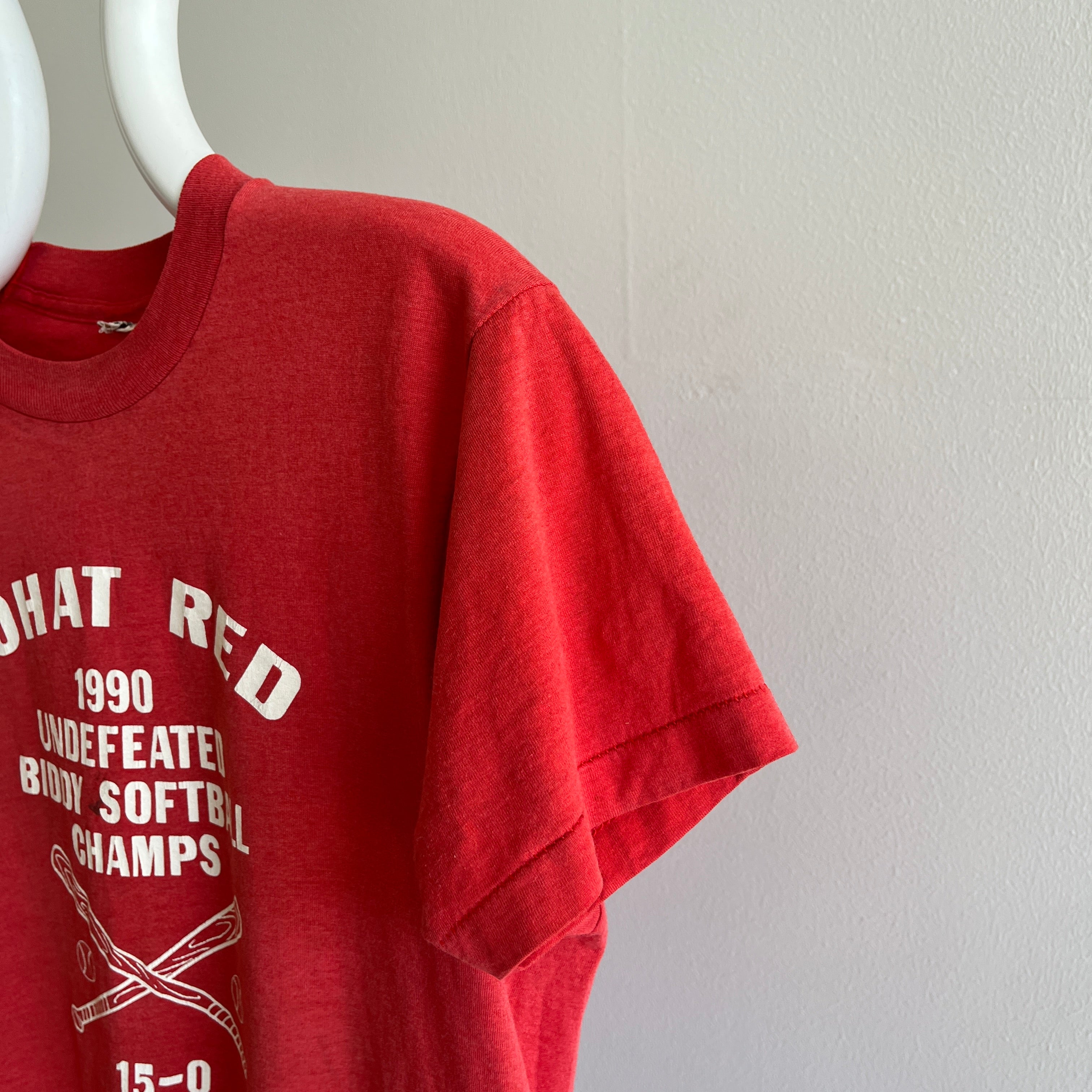 1990 Pohat Red Softball Champs Faded and Worn T-Shirt by Screen Stars