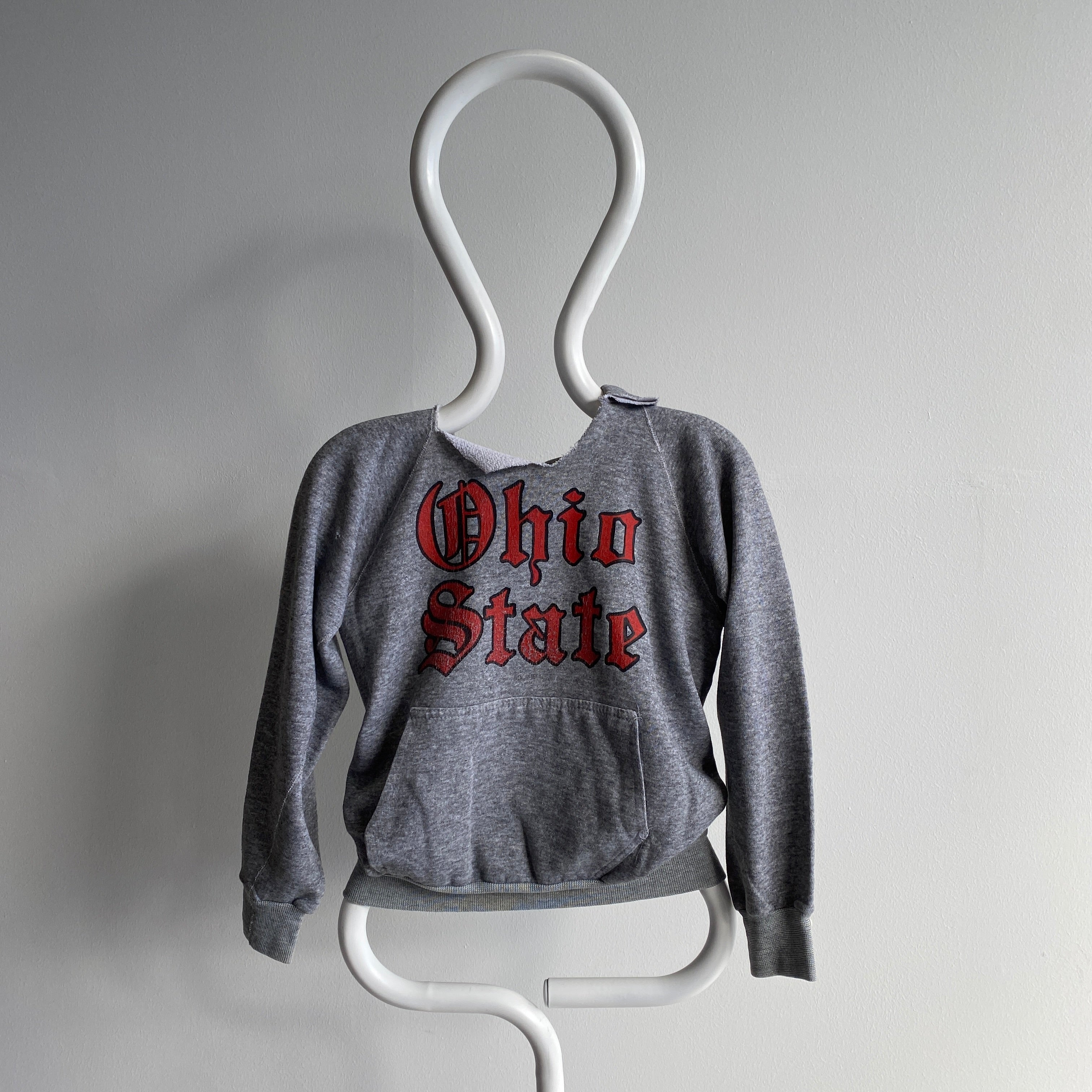 1980s Discus Brand Ohio State Smaller Sized Pullover Cut Neck Hoodie with a Torn Pouch