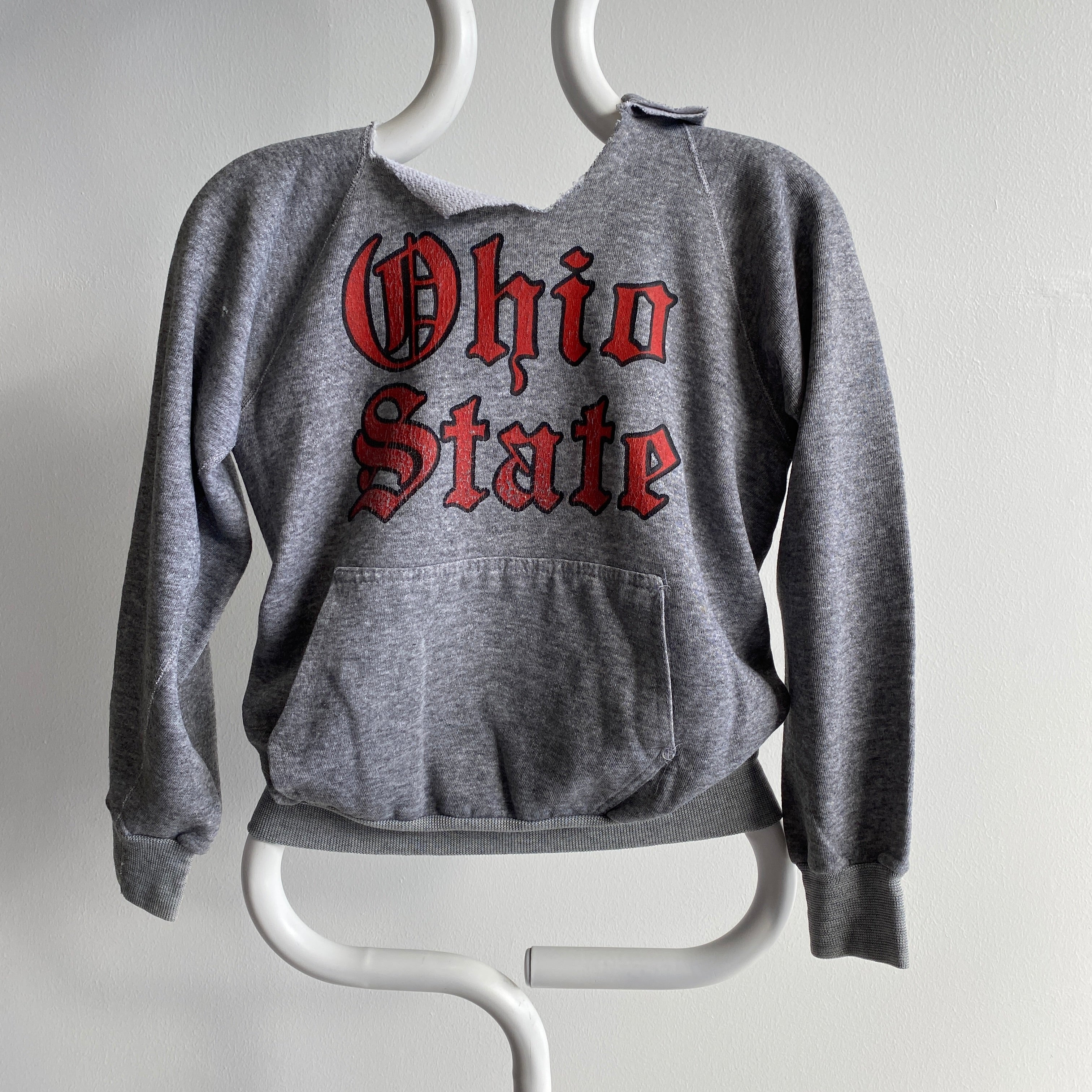 1980s Discus Brand Ohio State Smaller Sized Pullover Cut Neck Hoodie with a Torn Pouch