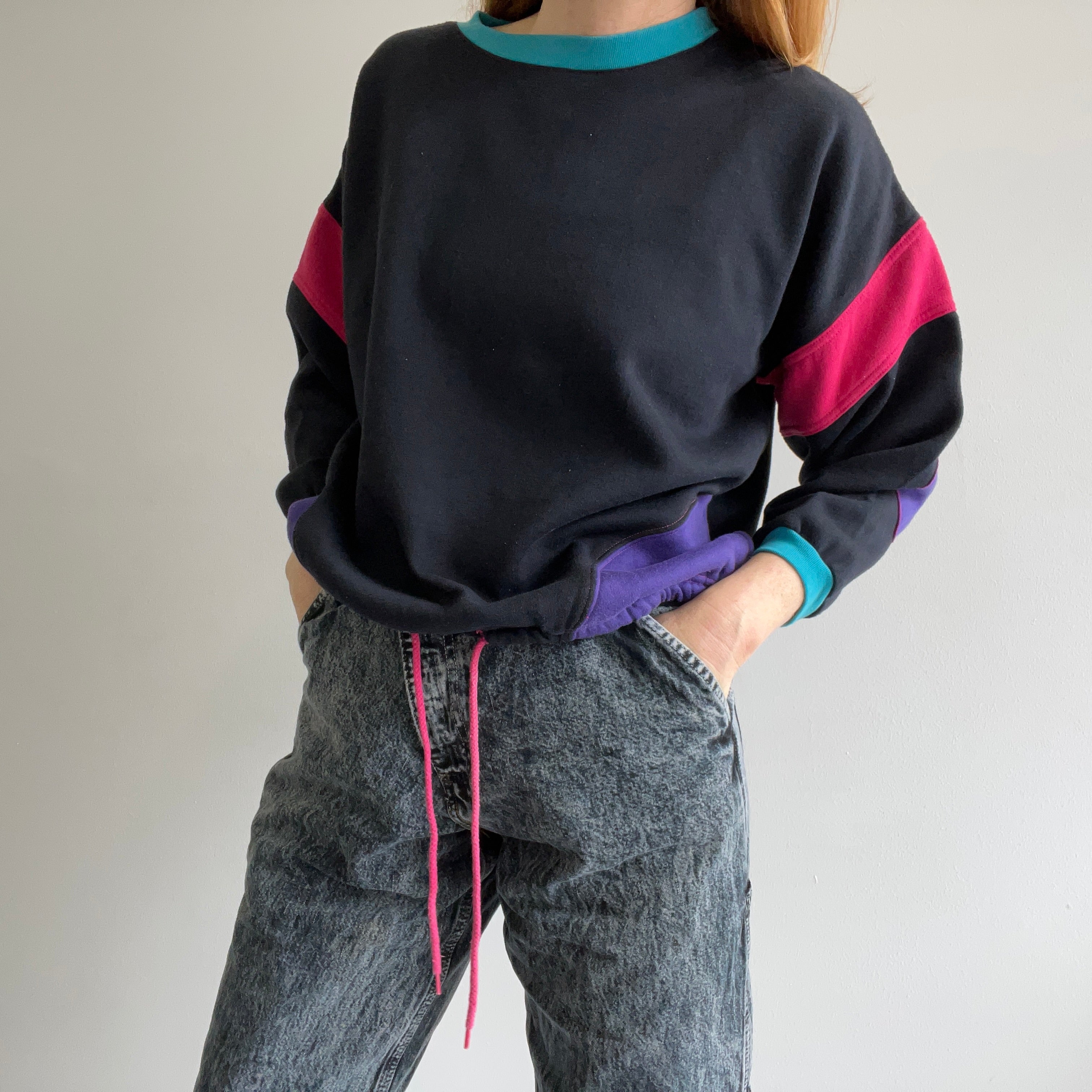 1980s RAD!!!!!! Color Block Sweatshirt with Pockets and Elbow Patches