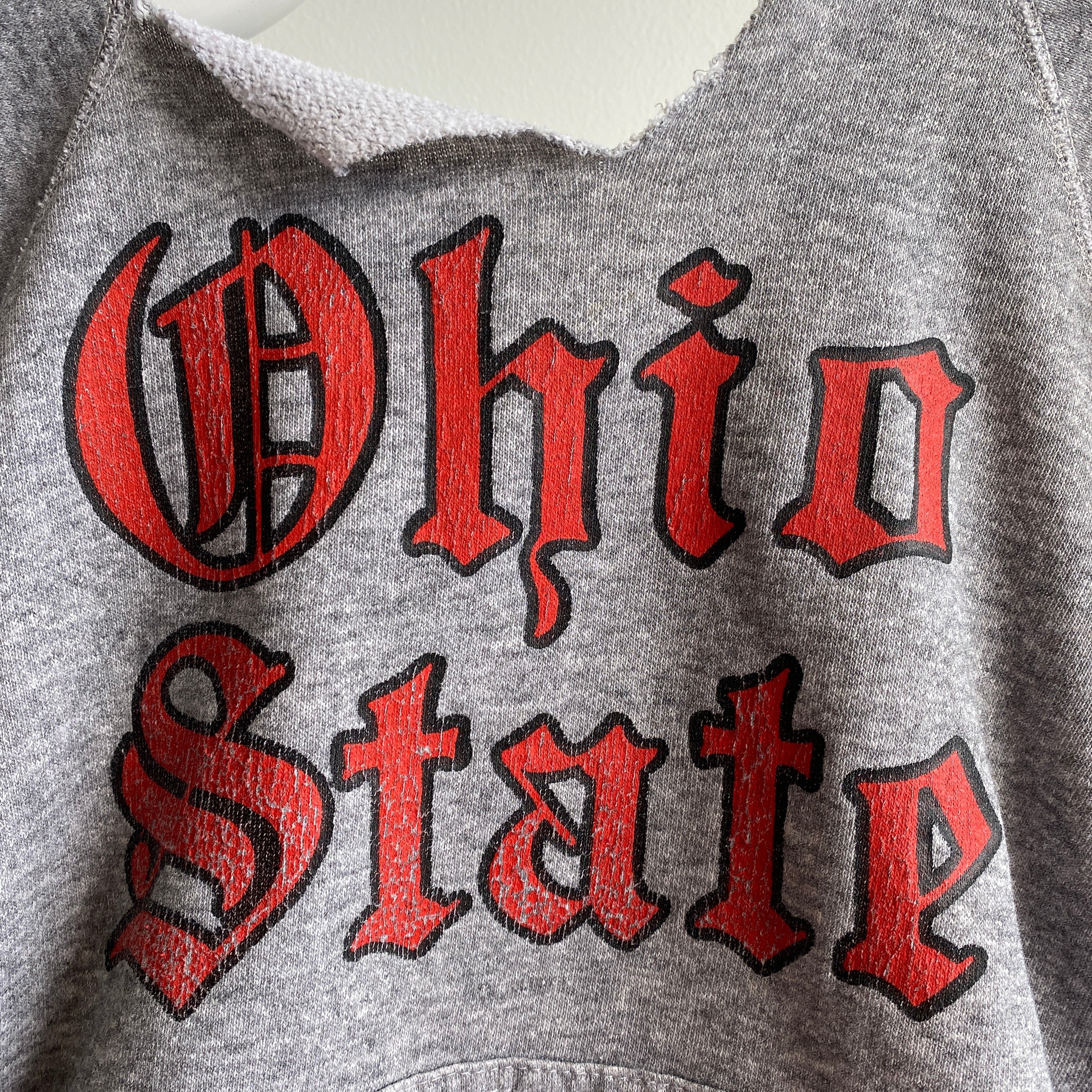 1980s Discus Brand Ohio State Smaller Sized Pullover Cut Neck Hoodie with a Torn Pouch