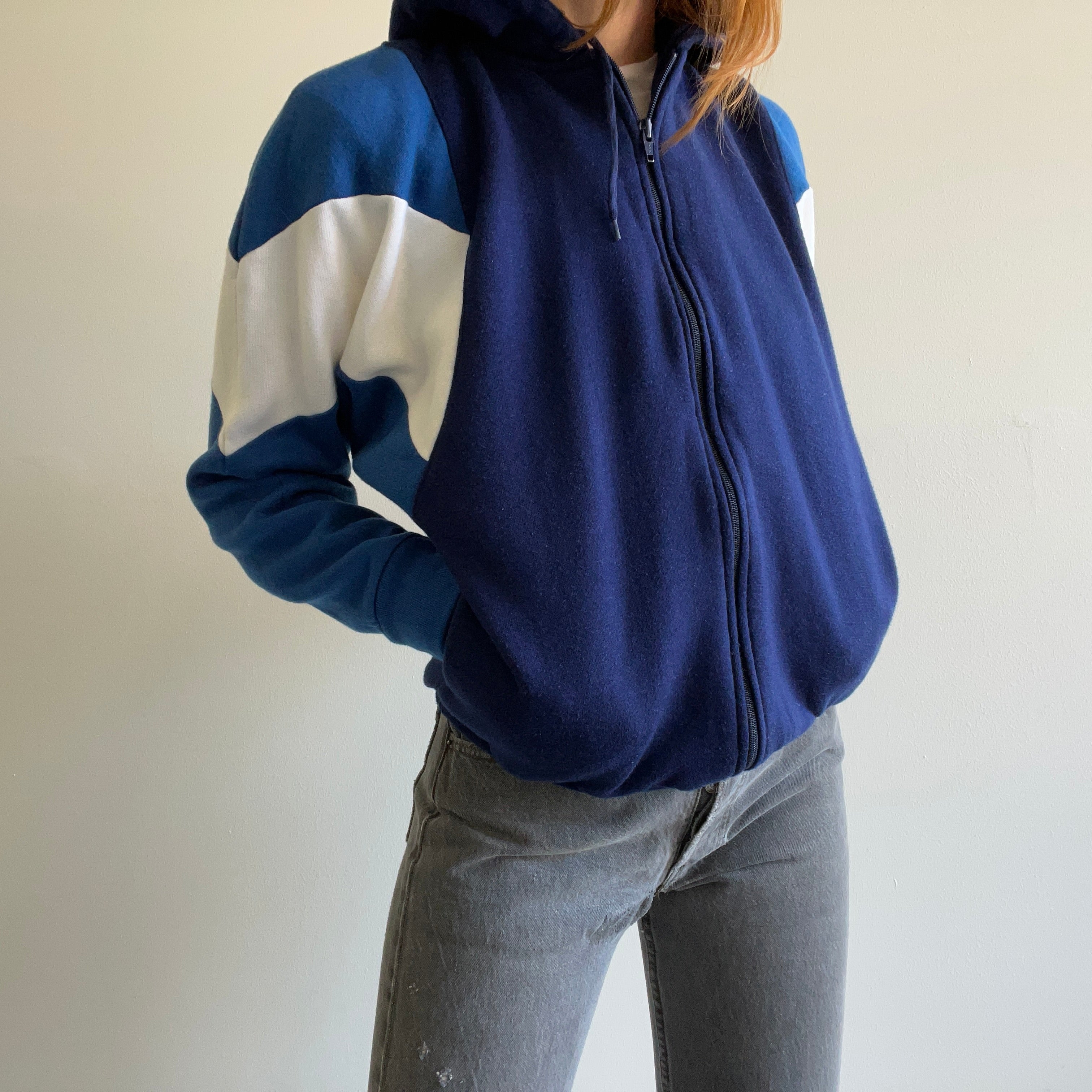 1980s Color Block Dolman Sleeve Super Soft Zip Up Hoodie