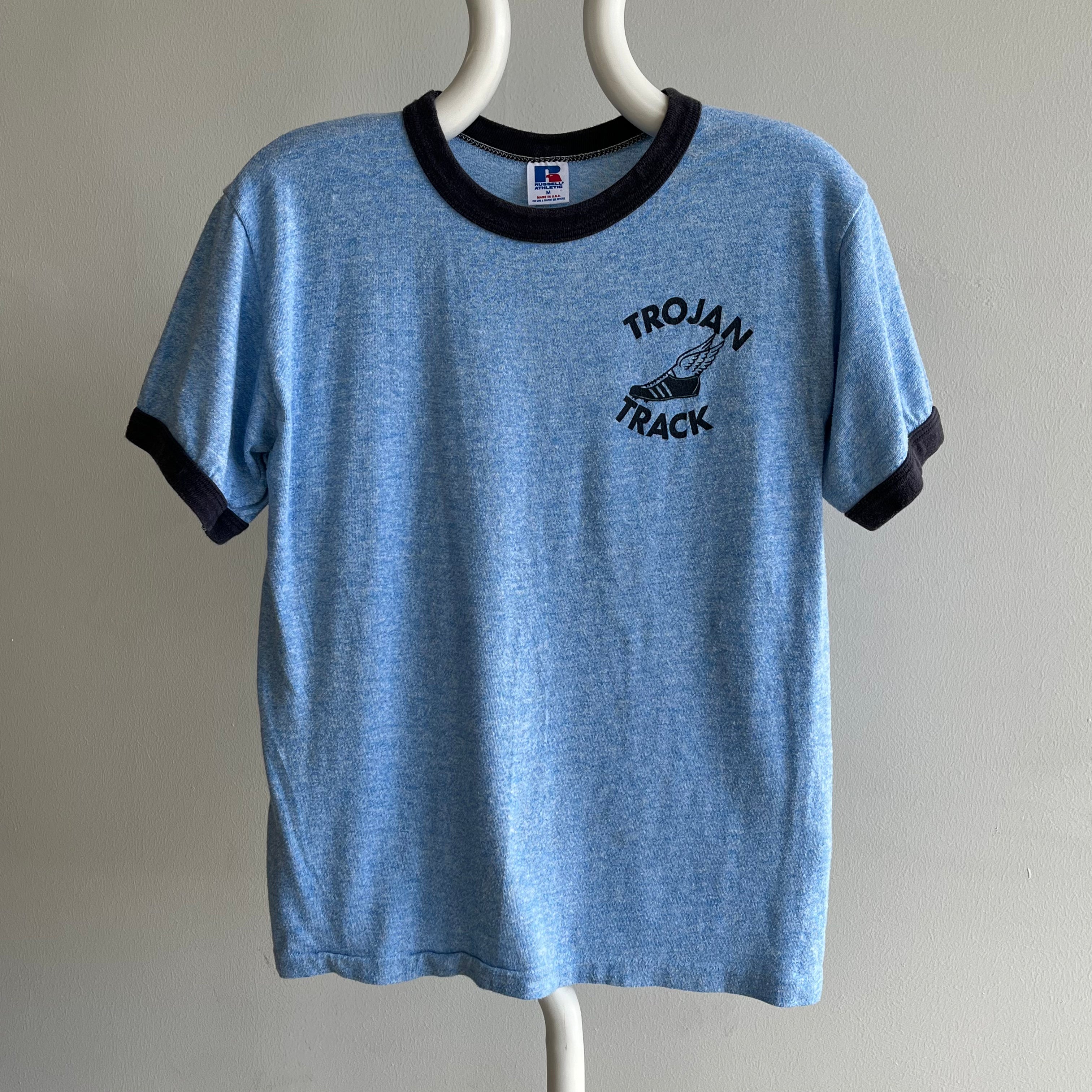 T-shirt USC (?) Trojan Track Ring des années 1980 par Russell