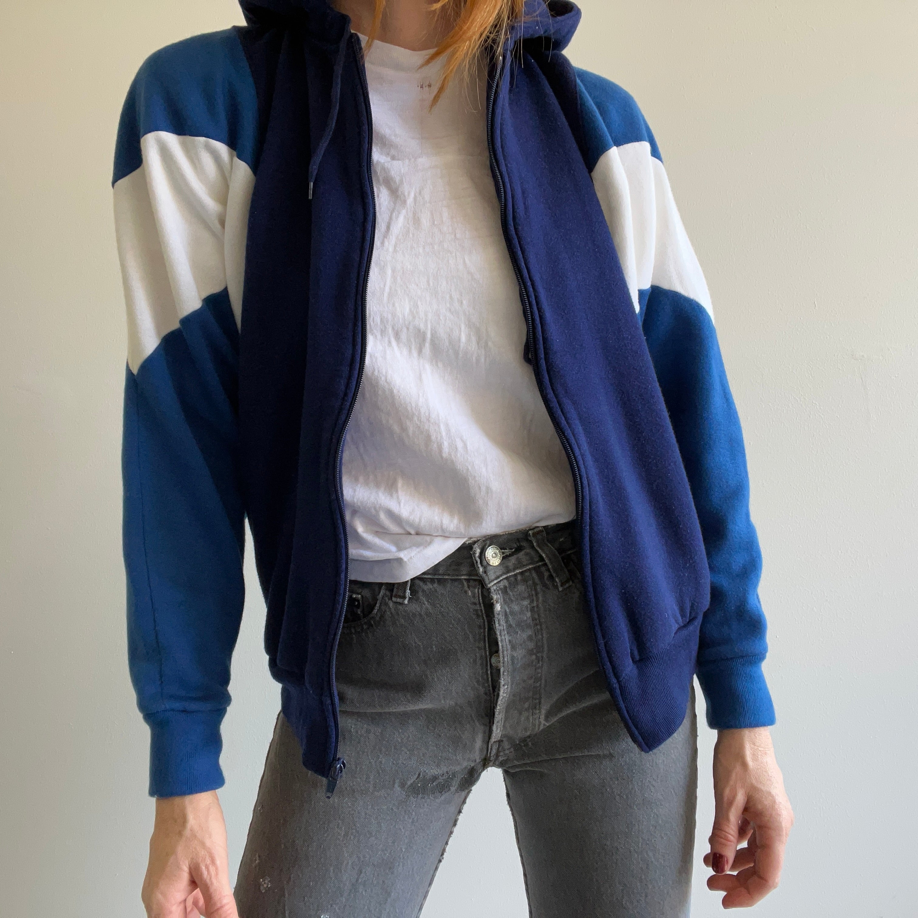 1980s Color Block Dolman Sleeve Super Soft Zip Up Hoodie