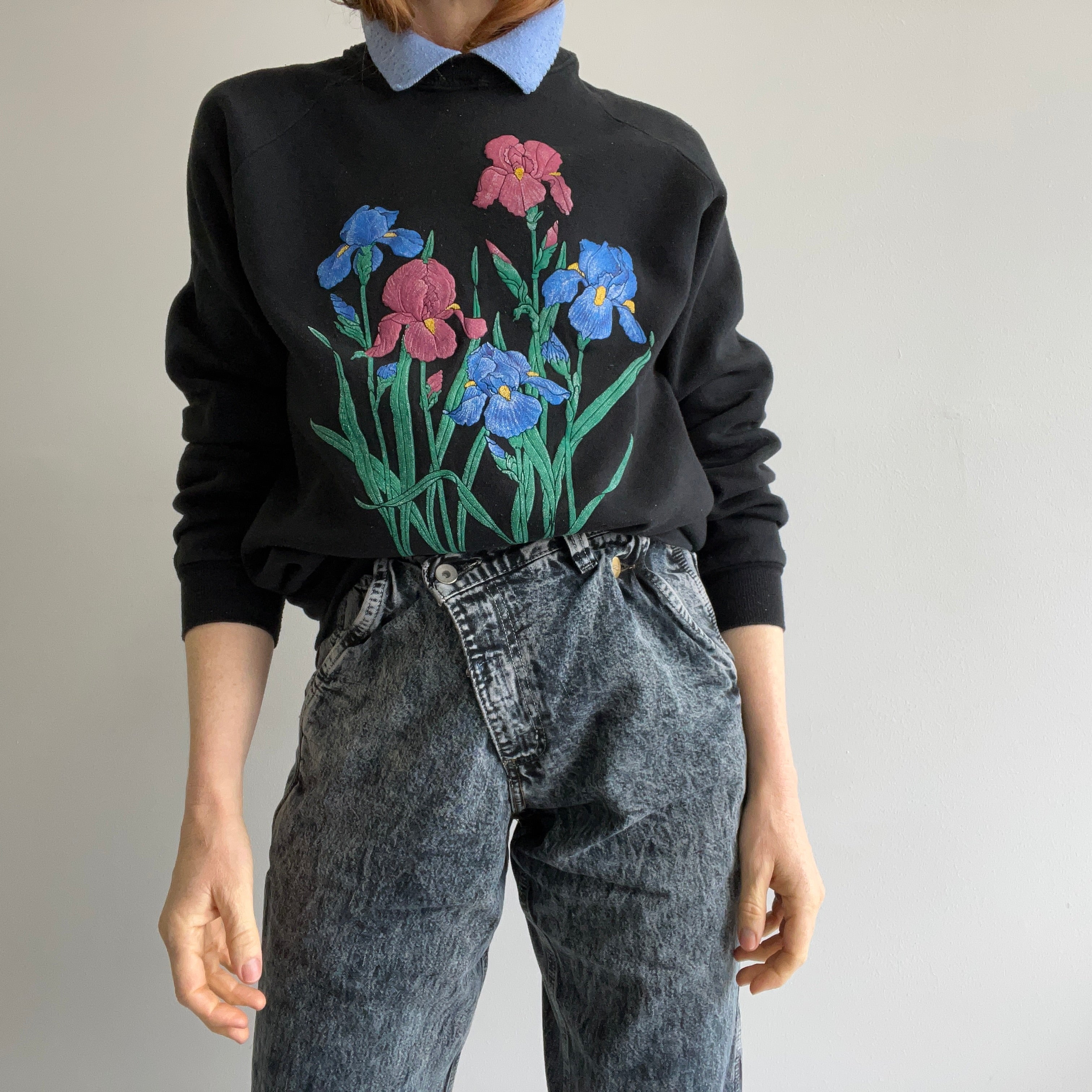 1980s Built In Collar Floral Sweatshirt