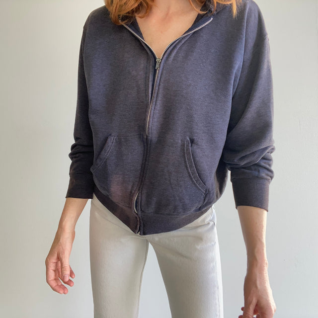 1970/80s EPIC Sun Faded Mended Super Soft and Slouchy Navy/Gray Zip Up Hoodie