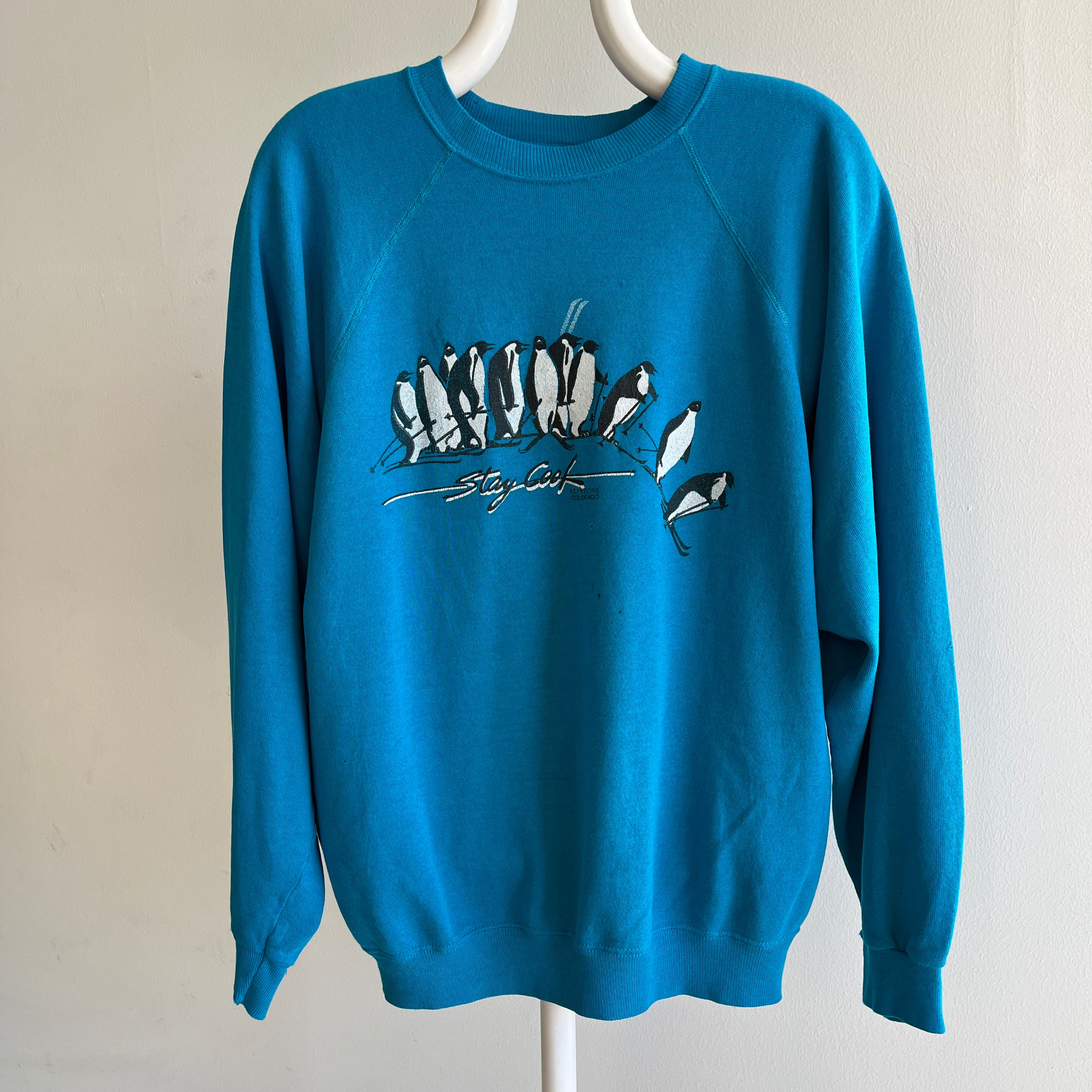 1980s Stay Cool, Keystone Colorado Thin and Worn Penguins Skiing Sweatshirt. Yes Pls!