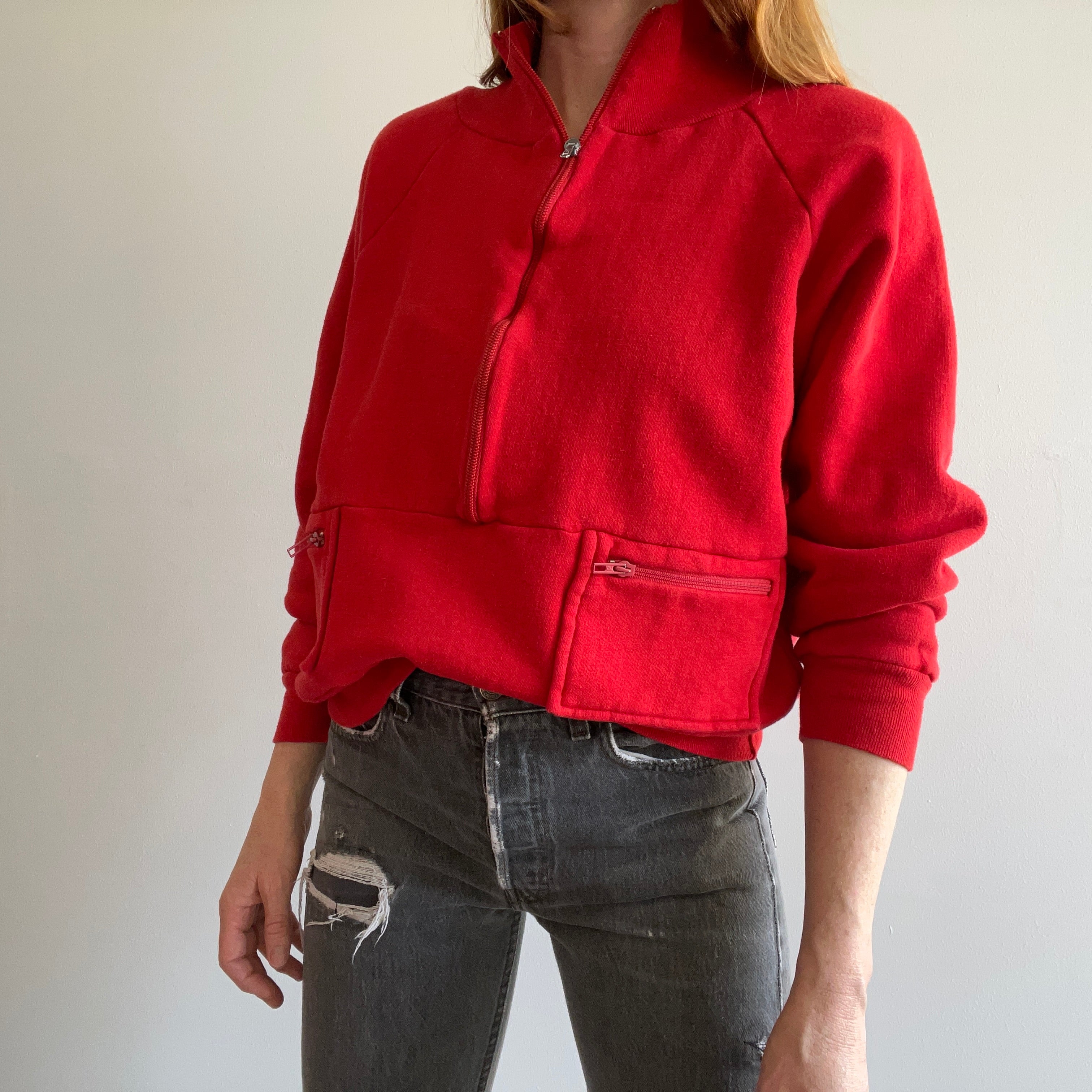 1970s Rad et Insolite Cut Red Quarter Zip Sweat-shirt avec poches !! par VanCort