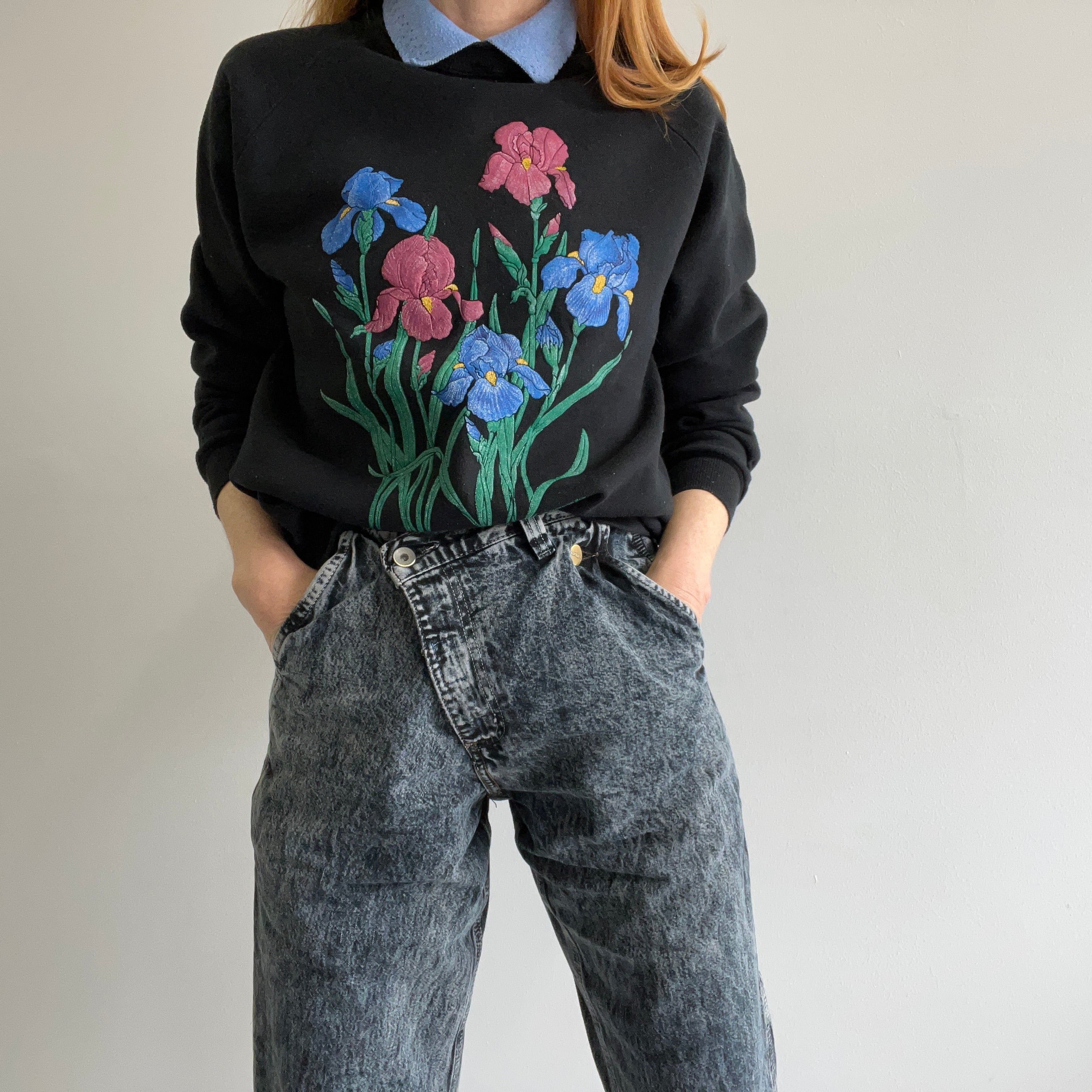 1980s Built In Collar Floral Sweatshirt