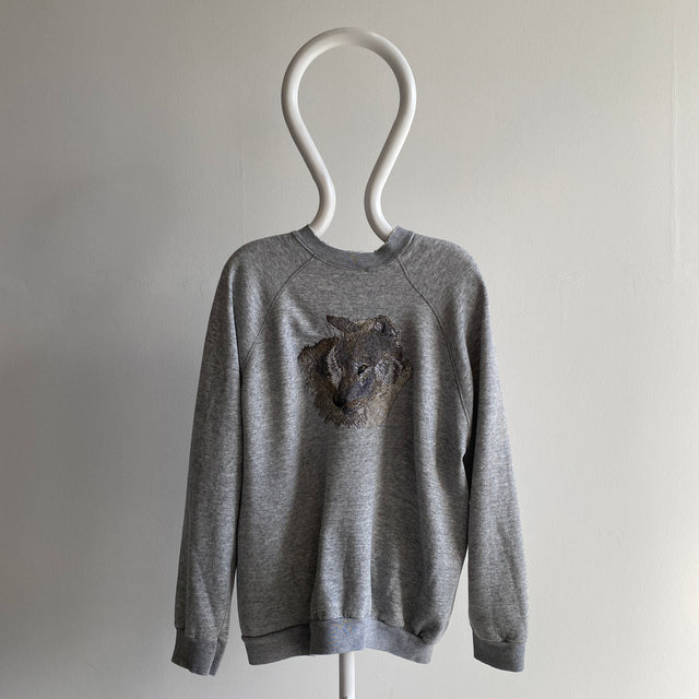 1980s Exquisite Needlepoint DIY Wolf Head Oversized Sweatshirt