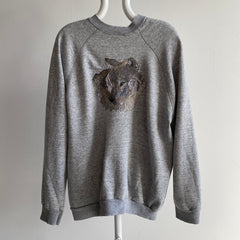 1980s Exquisite Needlepoint DIY Wolf Head Oversized Sweatshirt