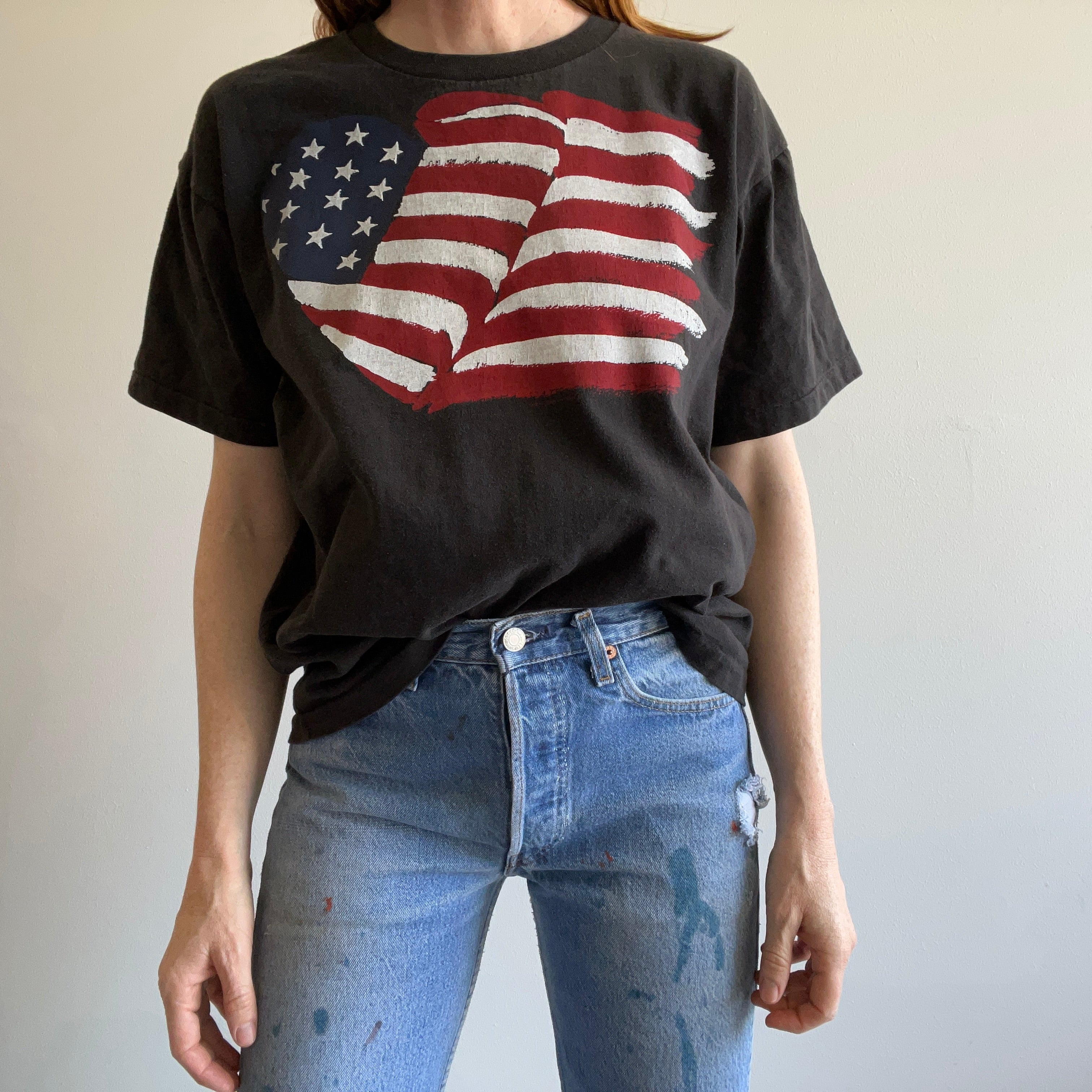 1990s Heart American Flag Cotton T-Shirt