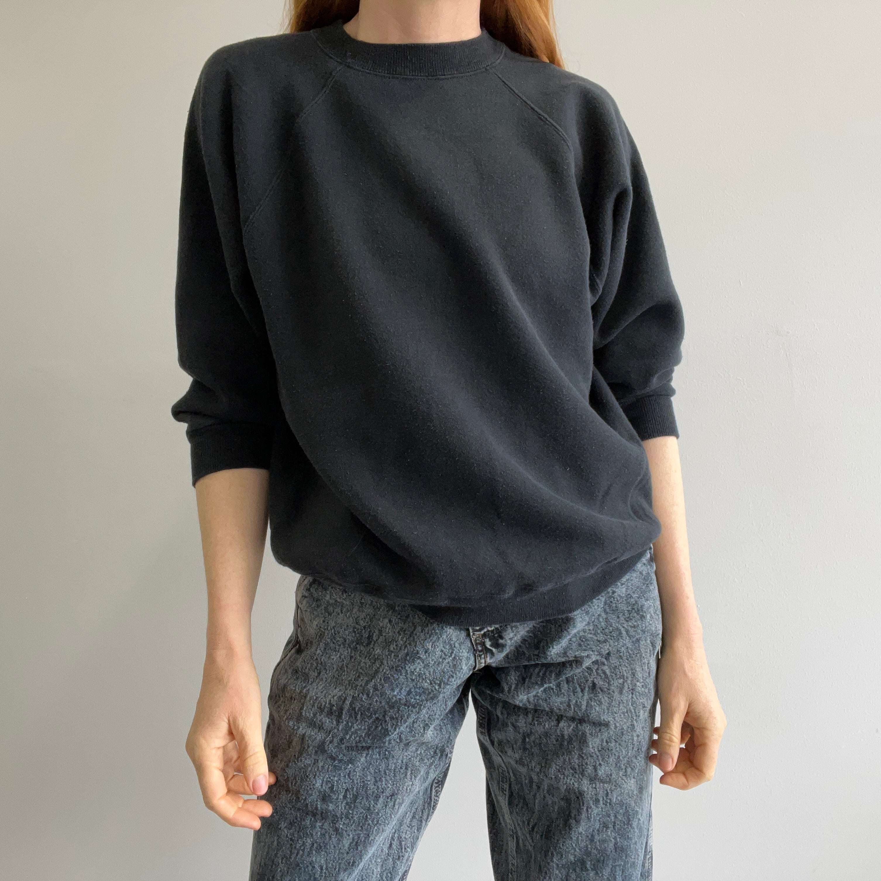 1980s Faded Blank Black Sweatshirt with 3/4 Sleeves