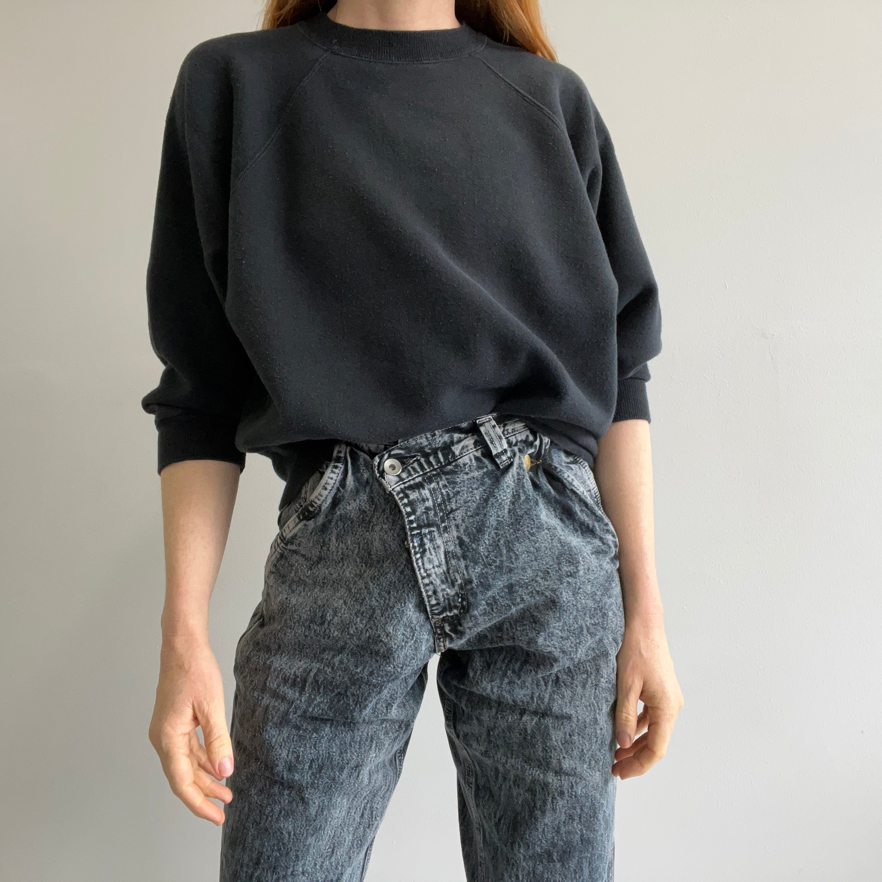 1980s Faded Blank Black Sweatshirt with 3/4 Sleeves