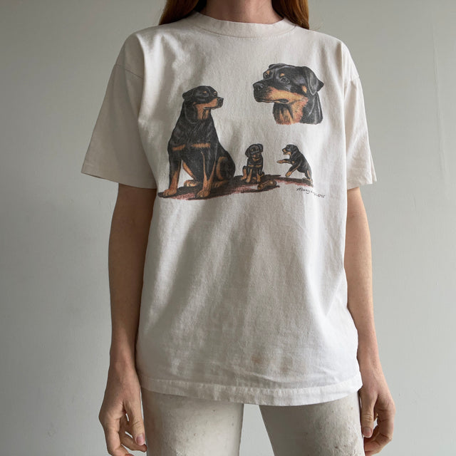 1995 Rottie Good Boy and Girl Stained Cotton T-Shirt - Made in Canada