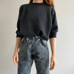 1980s Faded Blank Black Sweatshirt with 3/4 Sleeves