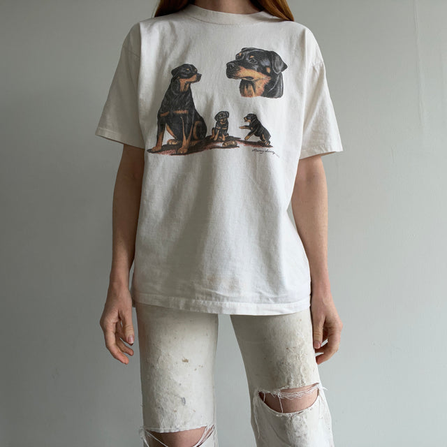 1995 Rottie Good Boy and Girl Stained Cotton T-Shirt - Made in Canada