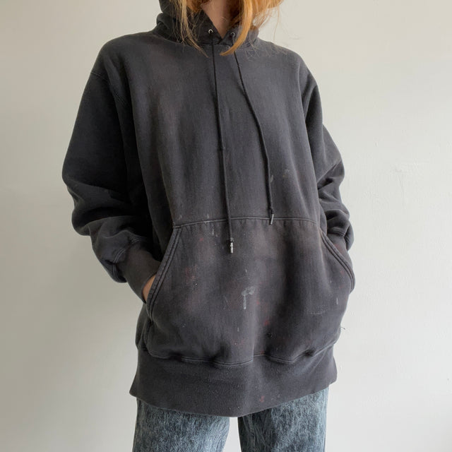 1990s Heavyweight Paint Stained Reverse Weave Blank Black Faded Hoodie by Lee