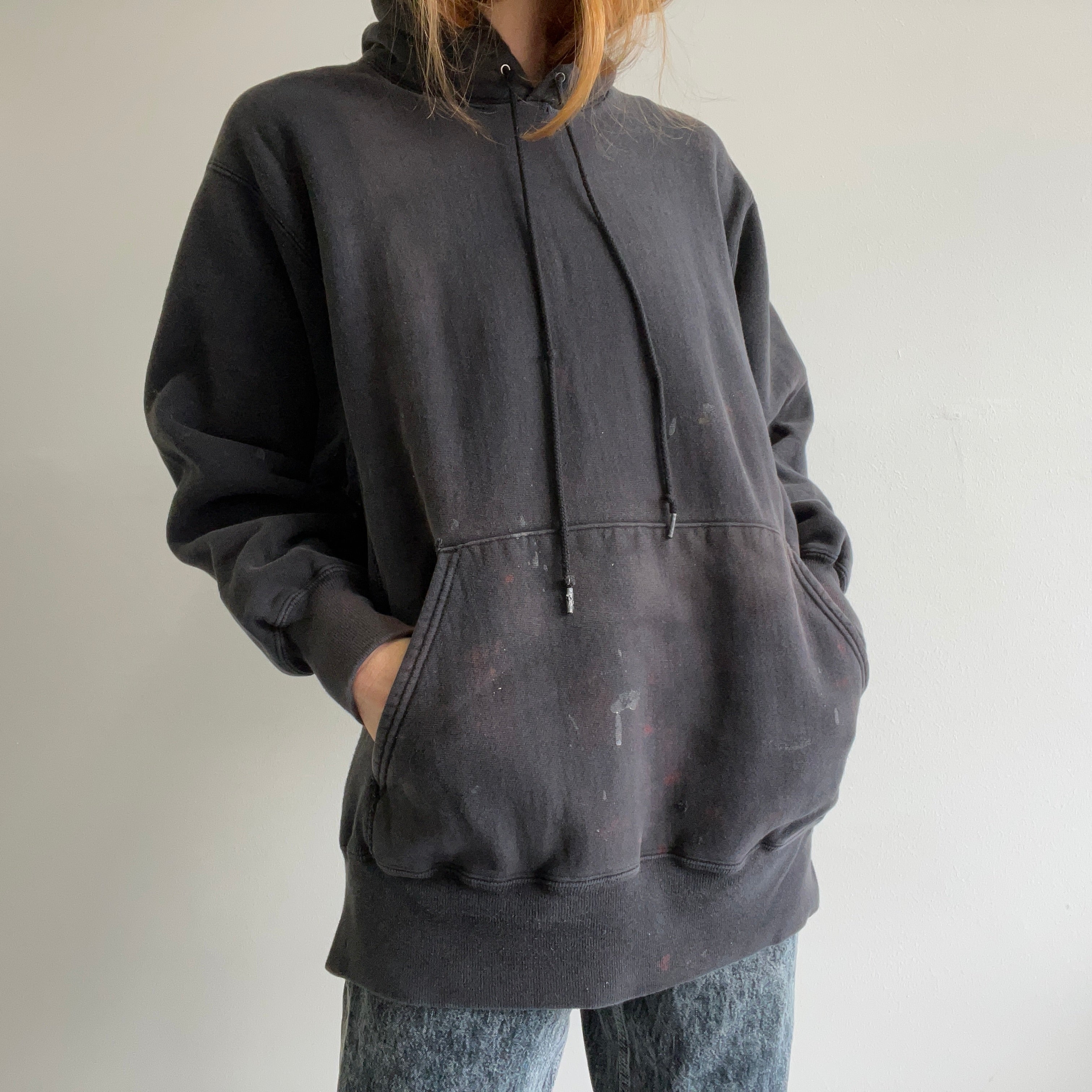 1990s Heavyweight Paint Stained Reverse Weave Blank Black Faded Hoodie by Lee