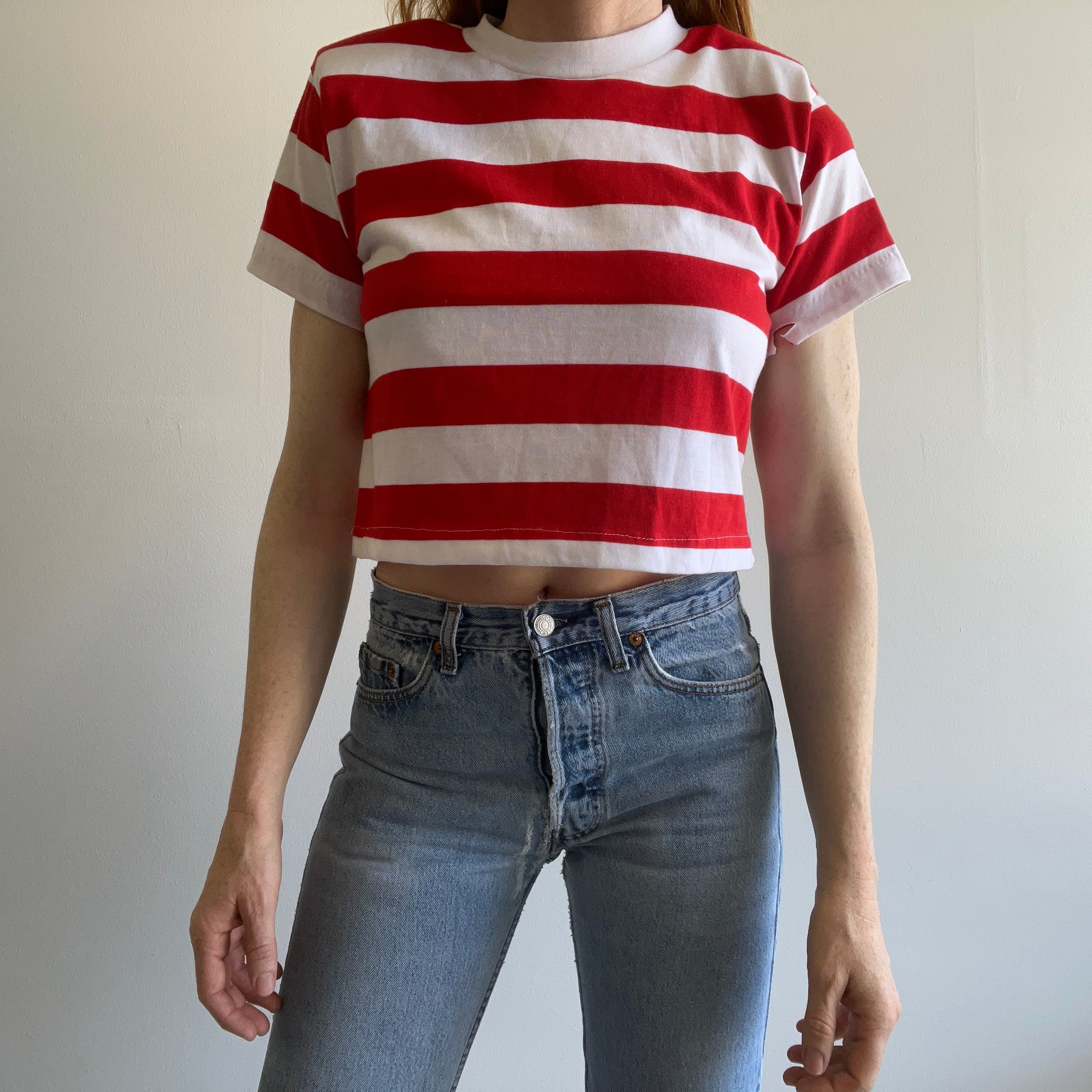 1980s Red and White Crop Top with Shoulder Pads!