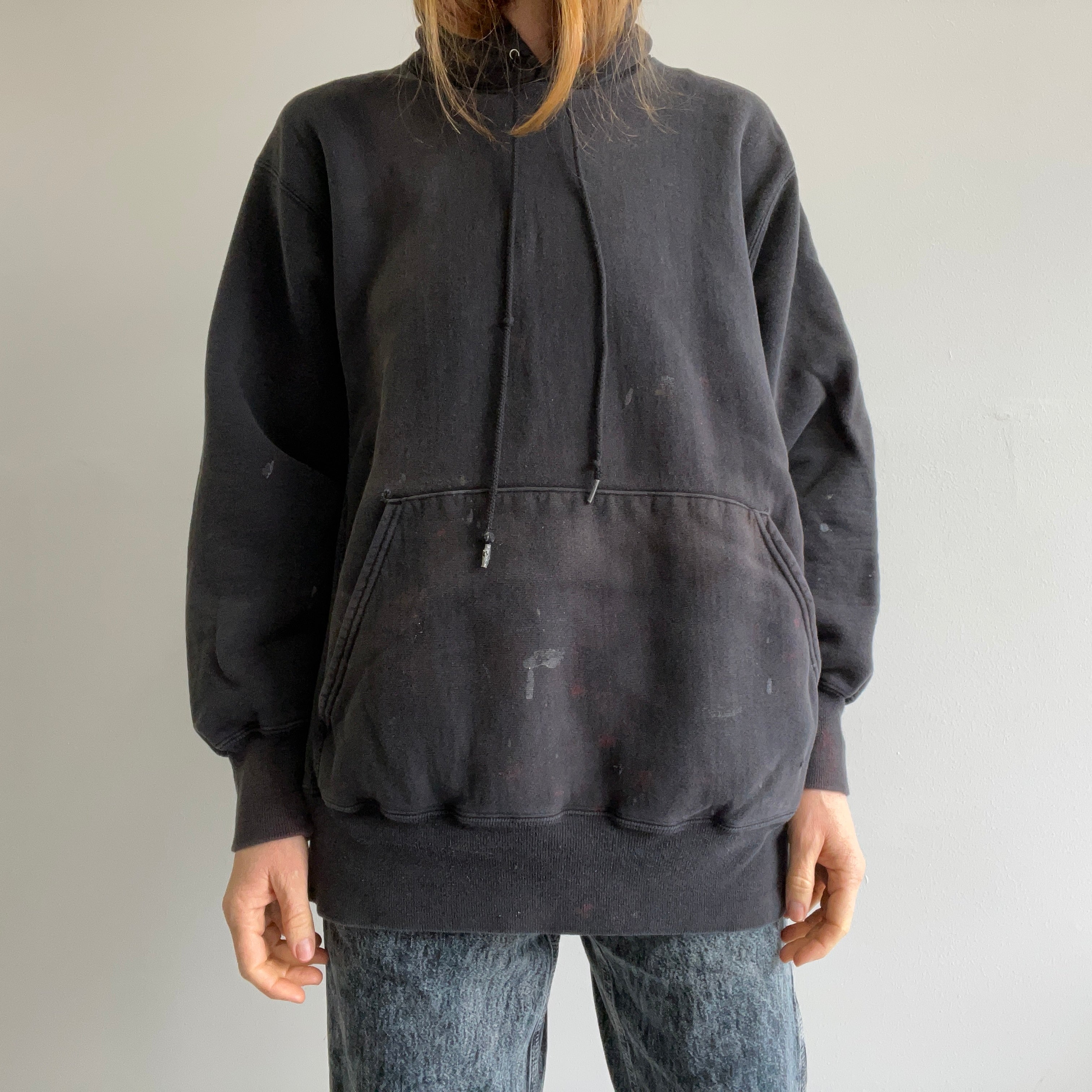 1990s Heavyweight Paint Stained Reverse Weave Blank Black Faded Hoodie by Lee