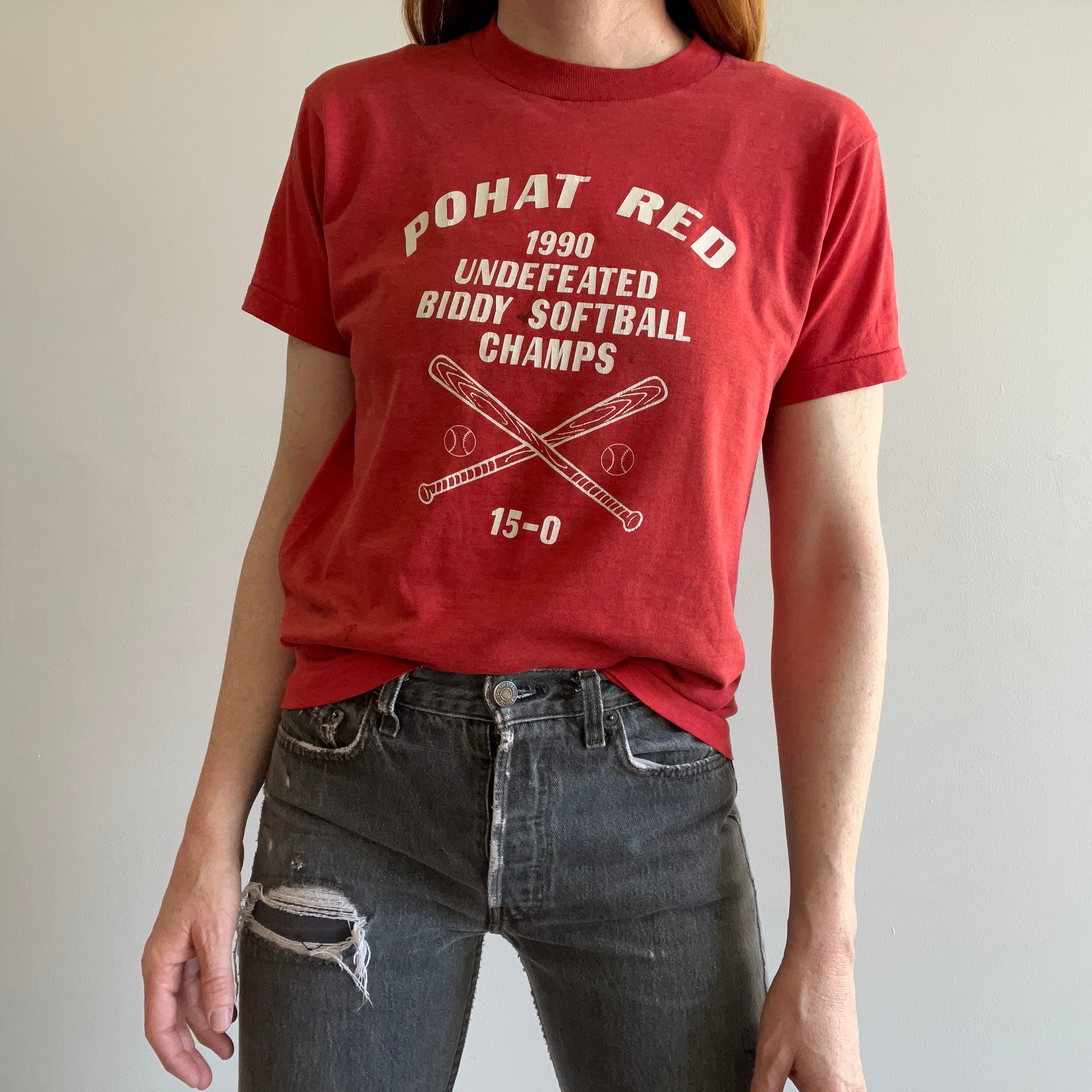 1990 Pohat Red Softball Champs Faded and Worn T-Shirt by Screen Stars