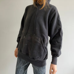 1990s Heavyweight Paint Stained Reverse Weave Blank Black Faded Hoodie by Lee