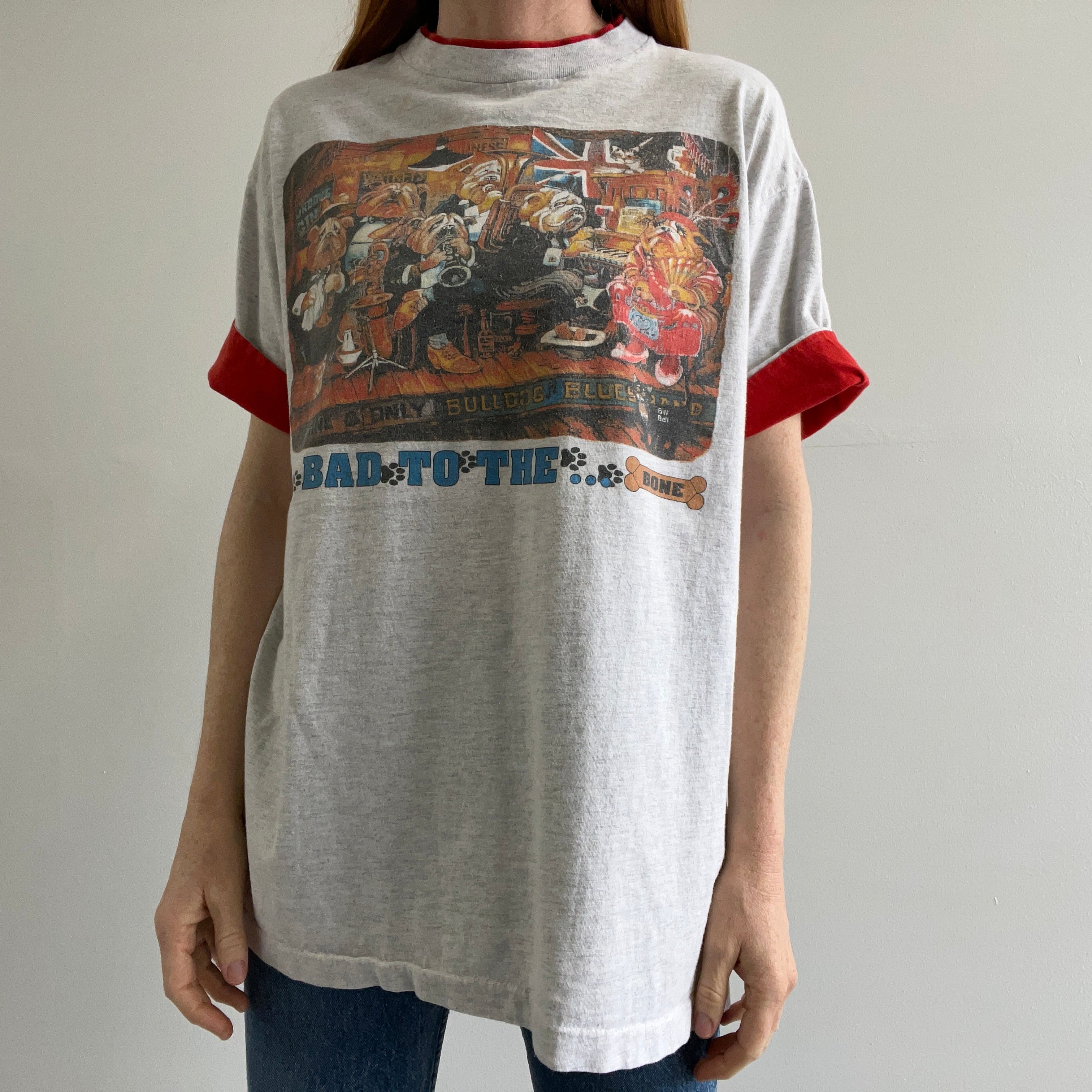 T-shirt à blocs de couleurs Bad to the Bone Bulldog des années 1980 par Tee Jays