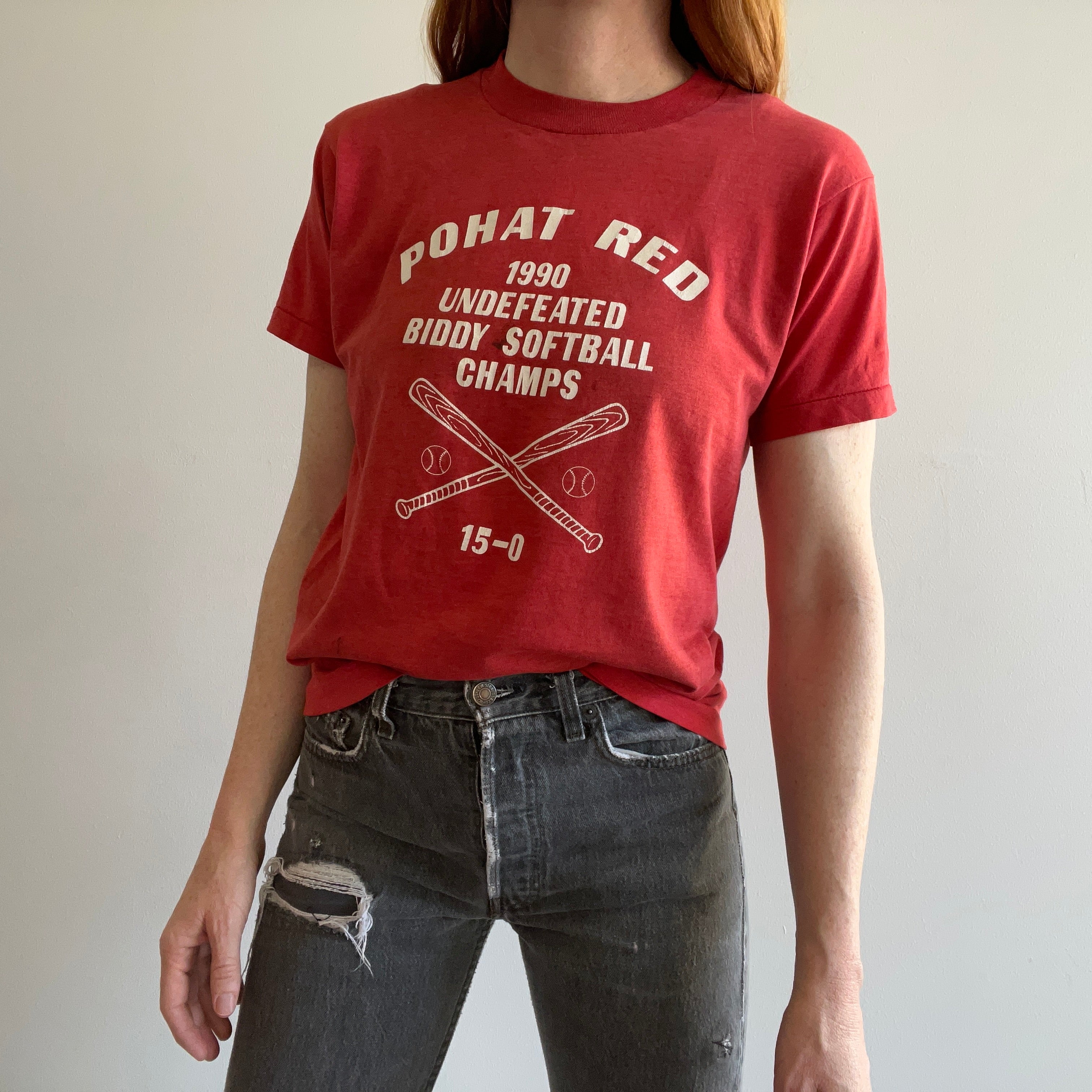 1990 Pohat Red Softball Champs Faded and Worn T-Shirt by Screen Stars