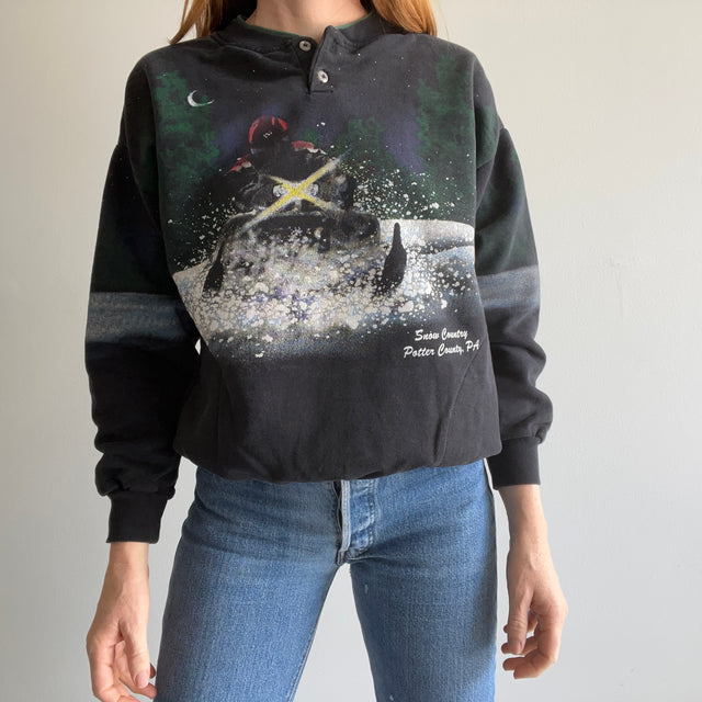 1980s Snow Mobile Painted Wrap Around Medium Weight Henley Sweatshirt WITH Pockets!