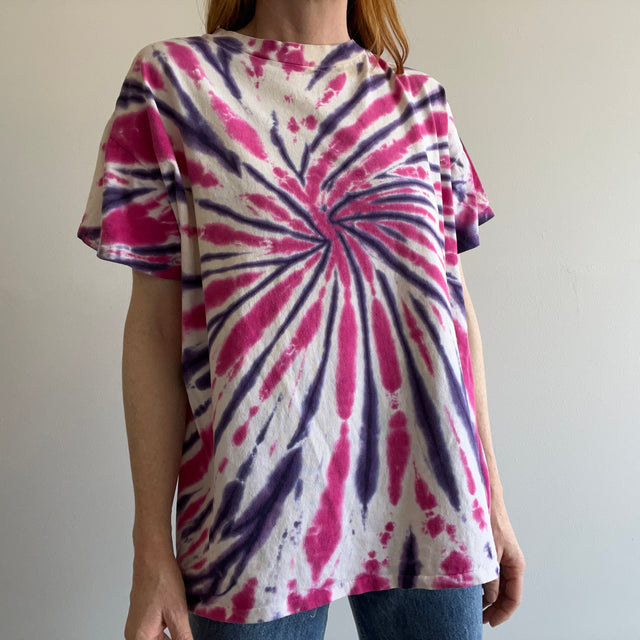 T-shirt en coton teint par nœuds rose et violet des années 1990