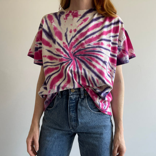 T-shirt en coton teint par nœuds rose et violet des années 1990