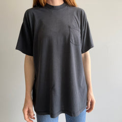 1980s EPIIIIIC Blank Black Faded and Thin 50/50 Pocket T-Shirt (The Brand) with Mending