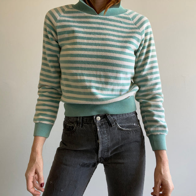 1970s Striped Velvet/Velour Collared Sweatshirt