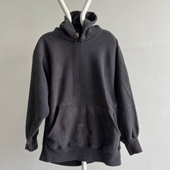 1990s Heavyweight Paint Stained Reverse Weave Blank Black Faded Hoodie by Lee