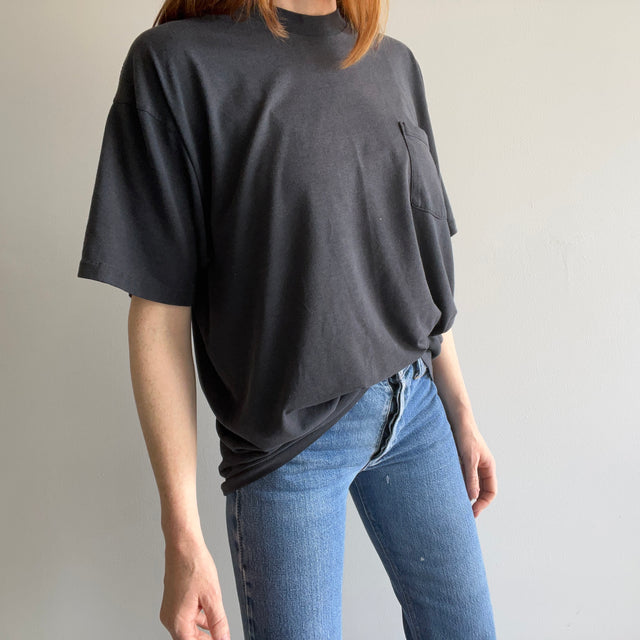 1980s EPIIIIIC Blank Black Faded and Thin 50/50 Pocket T-Shirt (The Brand) with Mending
