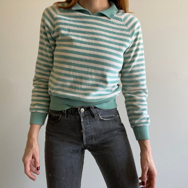 1970s Striped Velvet/Velour Collared Sweatshirt